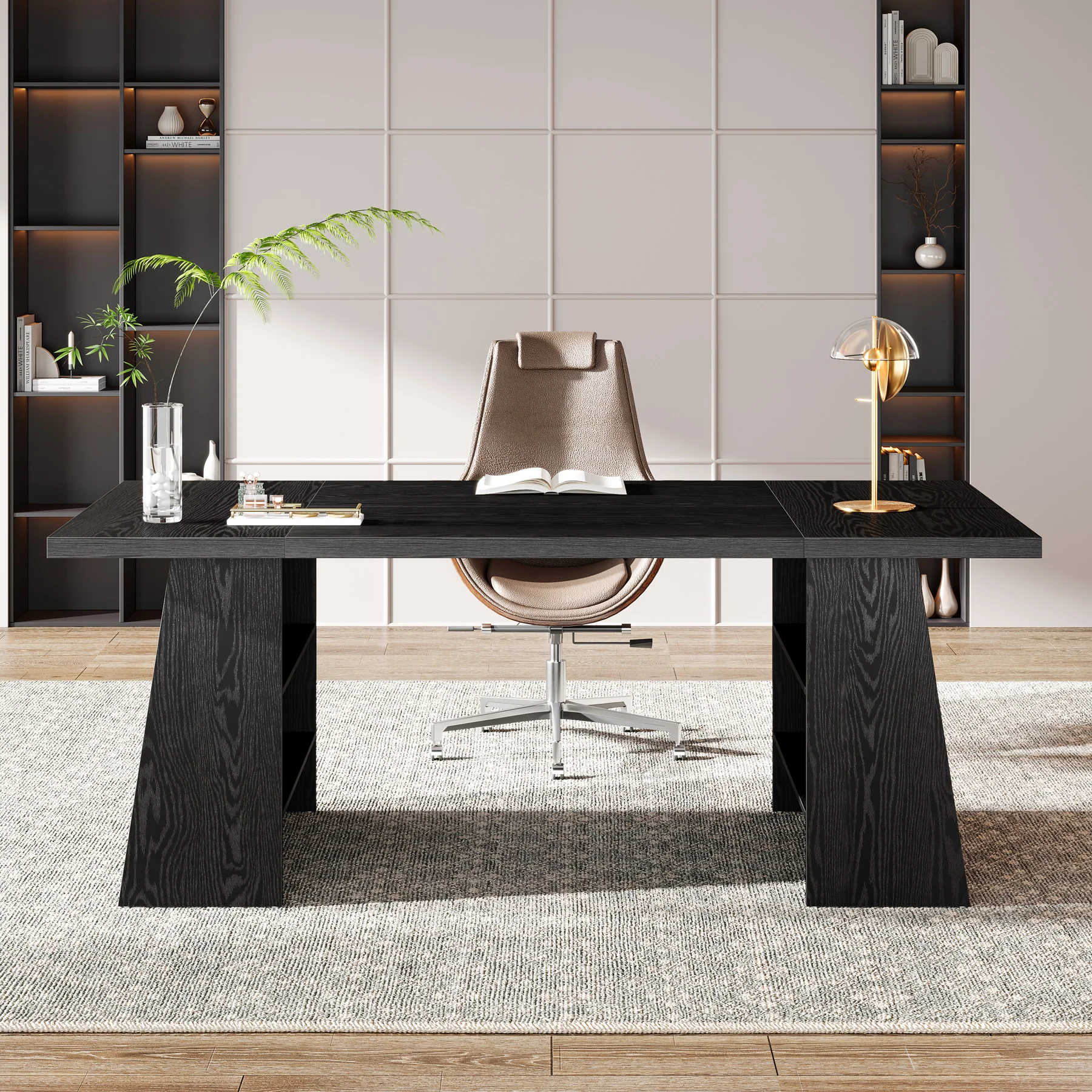 Tribesigns 63-Inch Modern Executive Desk with Storage Shelves, Black Office Desk for Home Office and Business Workstation - Image 6