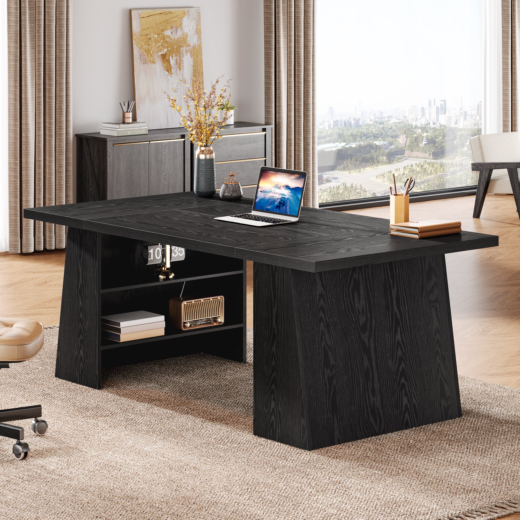 Tribesigns 63-Inch Modern Executive Desk with Storage Shelves, Black Office Desk for Home Office and Business Workstation - Image 7