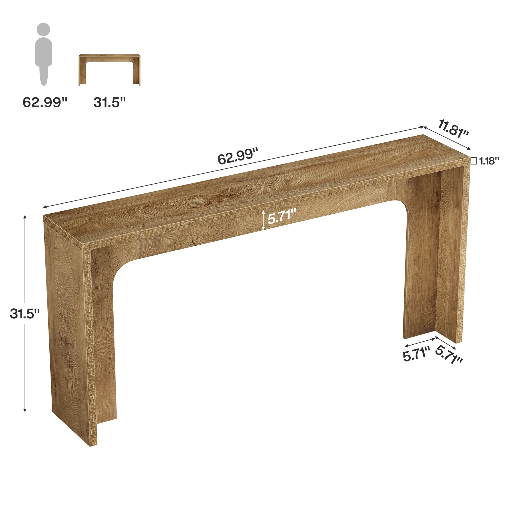 63-Inch Narrow Console Table, Minimalist Wood Entryway Table with Sturdy Base - Image 2