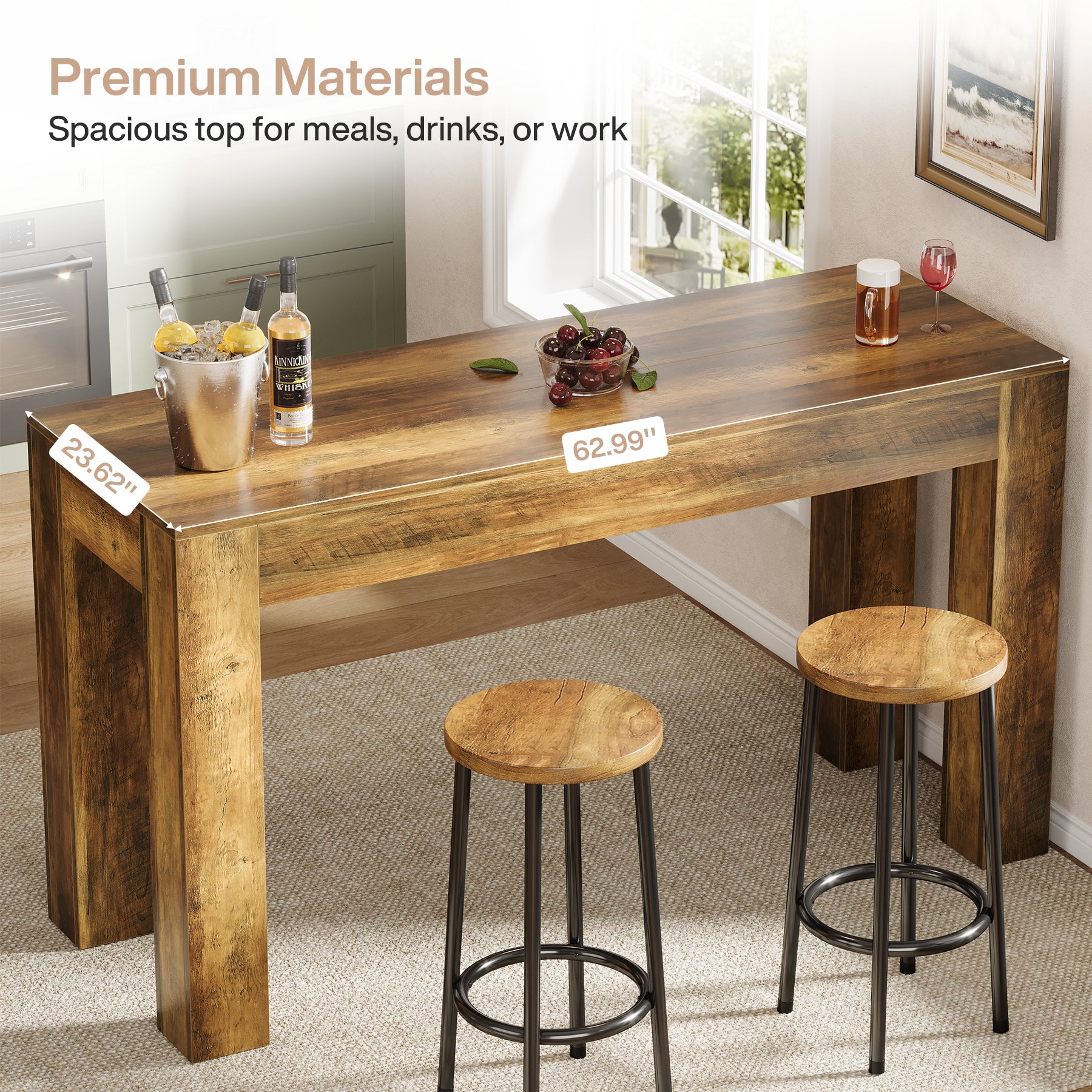 62.99-Inch Long Bar Table, Rectangular Counter Height Dining Table with 4 Sturdy Legs for Kitchen Home Bar - Image 8