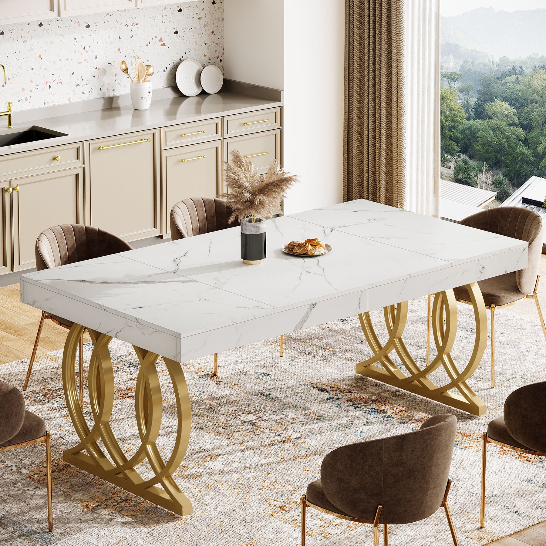 Tribesigns 63-Inch Modern Dining Table for 4-6 People, Faux Marble Kitchen Table with Gold Legs