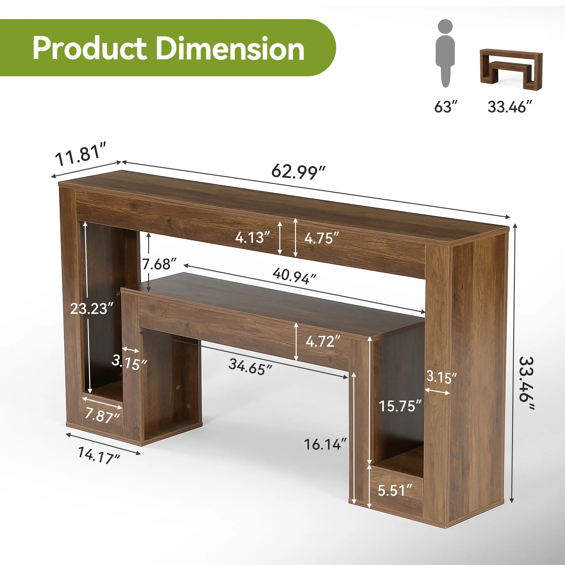 Tribesigns 63-Inch Rustic Console Table with 2-Tier Shelf, Narrow Sofa Table for Entryway and Living Room - Image 2