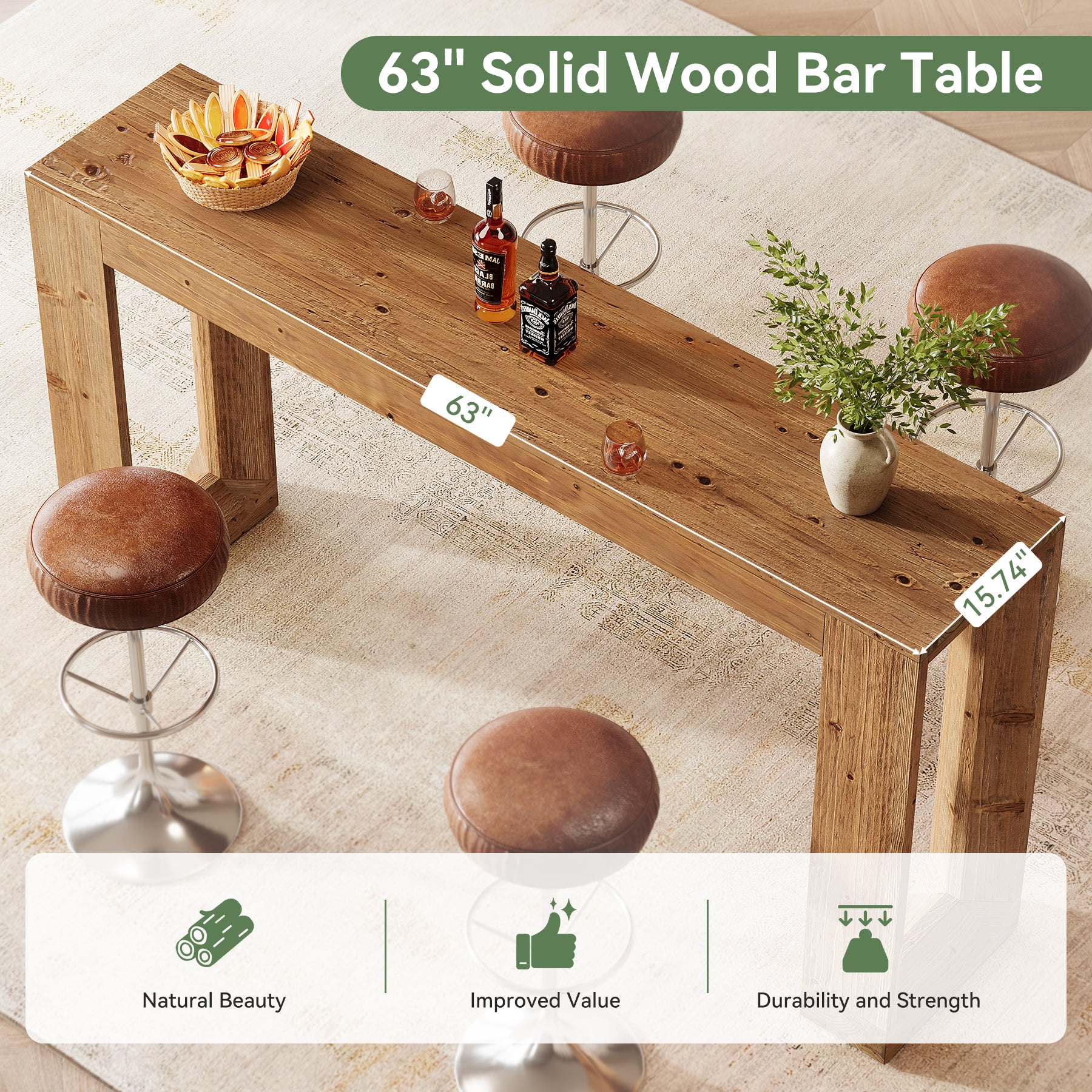 Tribesigns 63-Inch Solid Wood Counter Height Bar Table, Narrow Pub Dining Table for Kitchen and Home Bar - Image 3