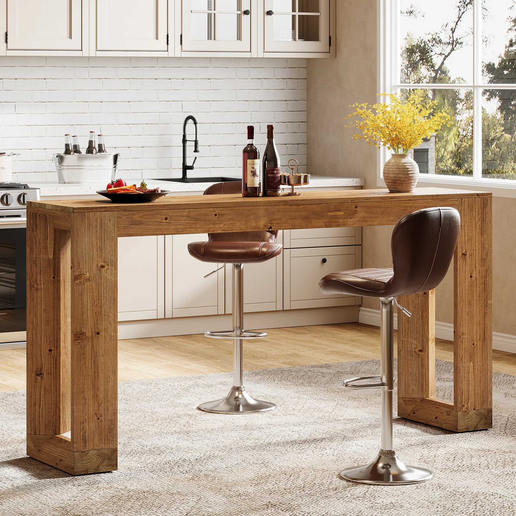 Tribesigns 63-Inch Solid Wood Counter Height Bar Table, Narrow Pub Dining Table for Kitchen and Home Bar - Image 5