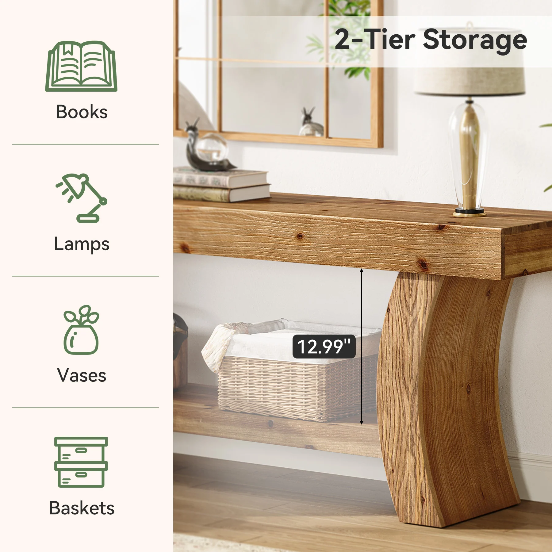 Tribesigns 63-Inch Solid Wood Console Table with Curved Legs and Storage Shelf, Farmhouse Sofa Table for Entryway Living Room and Behind Couch - Image 3