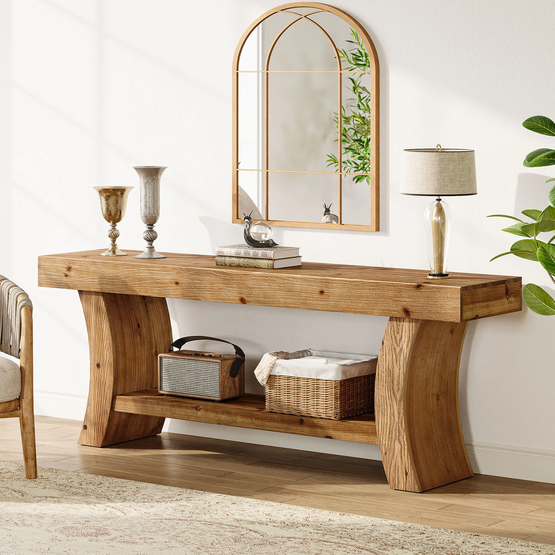 Tribesigns 63-Inch Solid Wood Console Table with Curved Legs and Storage Shelf, Farmhouse Sofa Table for Entryway Living Room and Behind Couch - Image 5