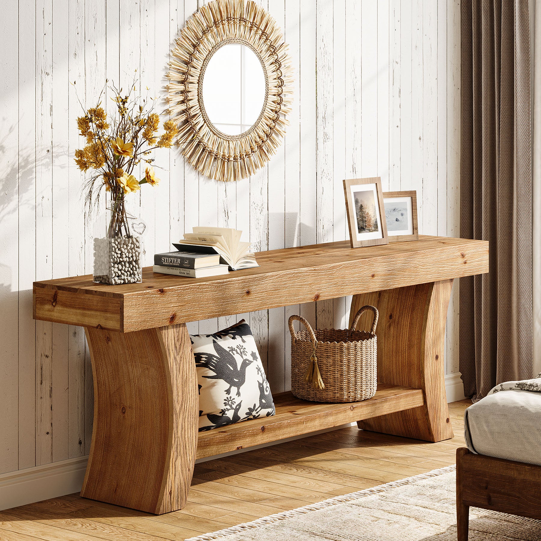 Tribesigns 63-Inch Solid Wood Console Table with Curved Legs and Storage Shelf, Farmhouse Sofa Table for Entryway Living Room and Behind Couch - Image 7