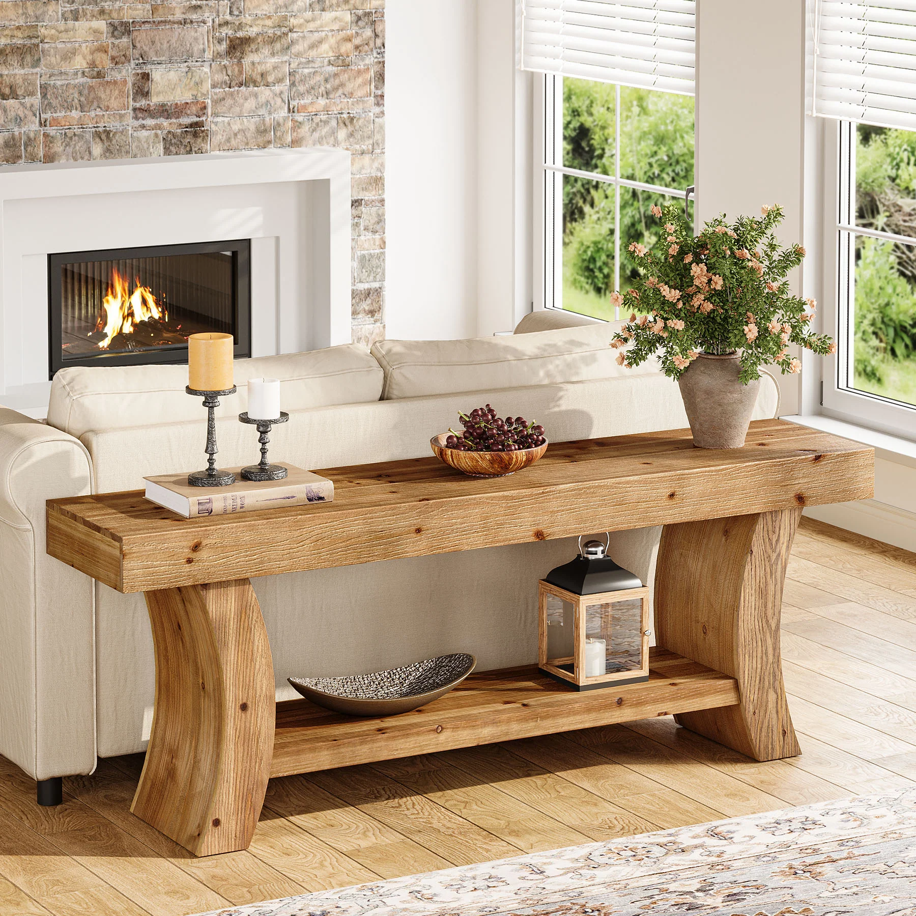 Tribesigns 63-Inch Solid Wood Console Table with Curved Legs and Storage Shelf, Farmhouse Sofa Table for Entryway Living Room and Behind Couch - Image 8