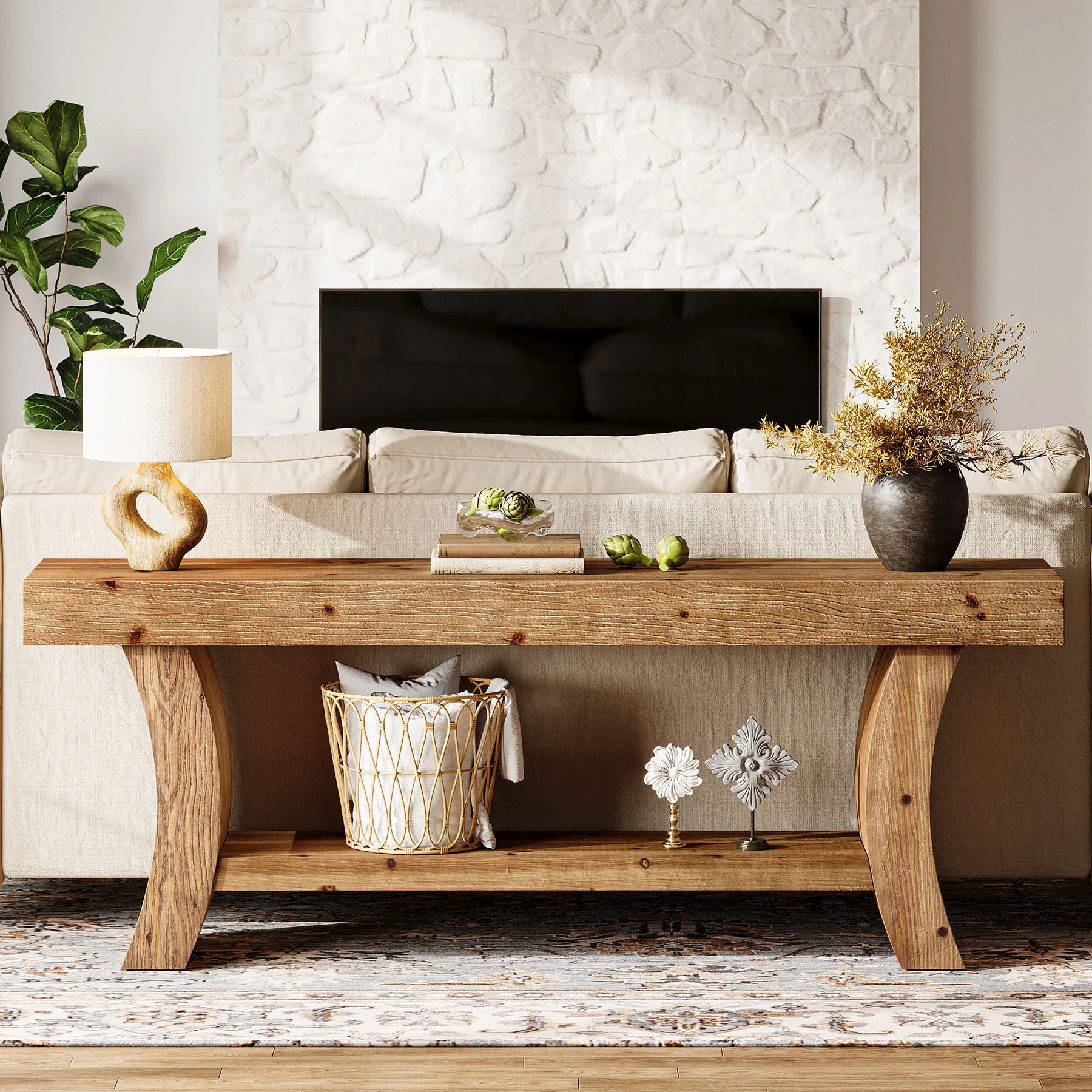 Tribesigns 63-Inch Solid Wood Console Table with Curved Legs and Storage Shelf, Farmhouse Sofa Table for Entryway Living Room and Behind Couch - Image 9