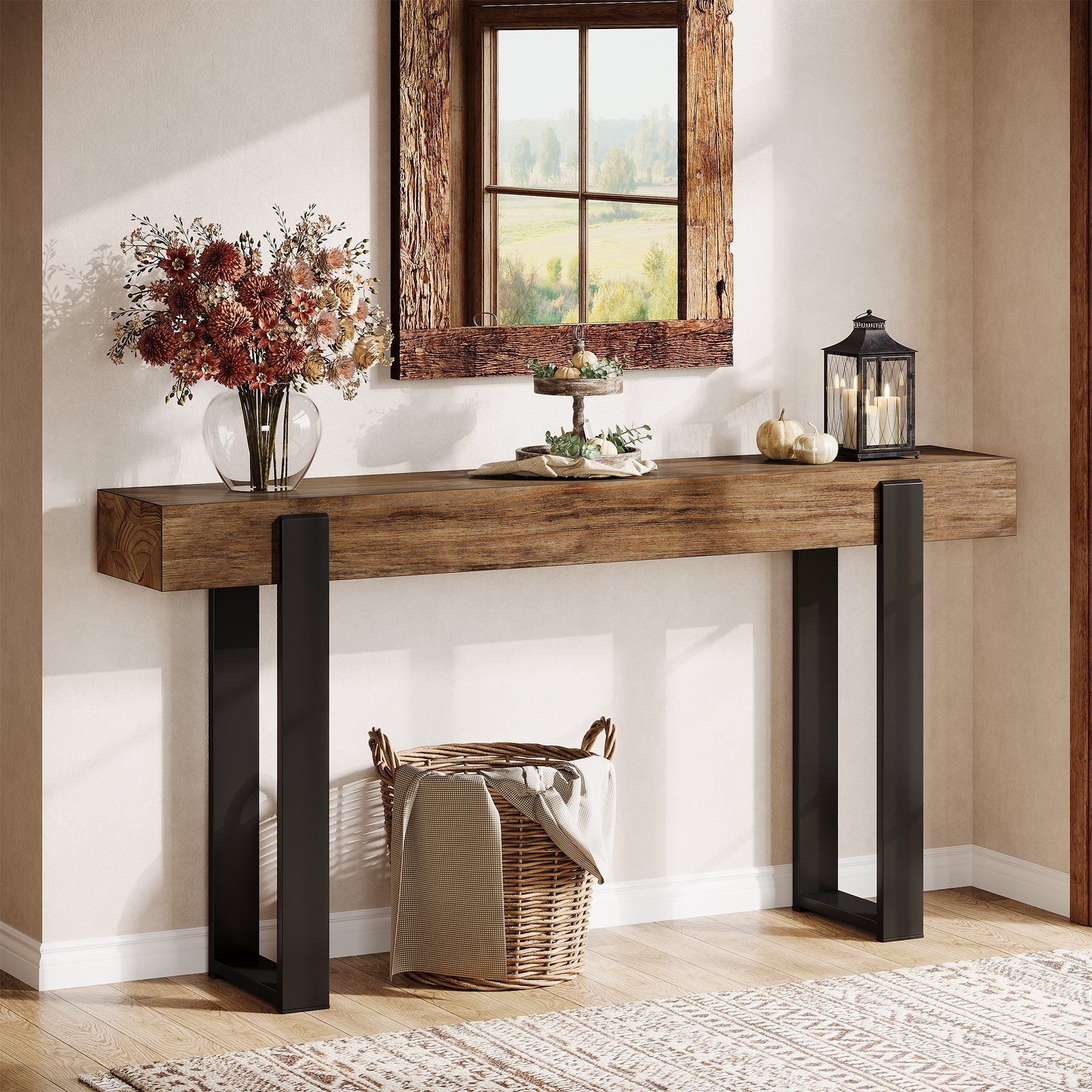 Tribesigns 63-Inch Solid Wood Sofa Table with Metal Support, Narrow Console Table for Behind Couch
