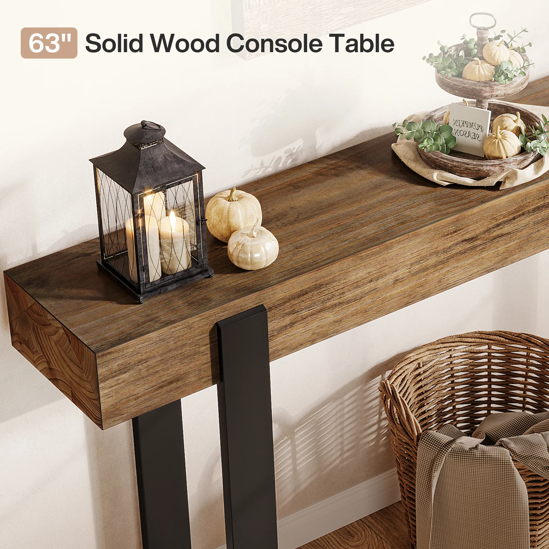 Tribesigns 63-Inch Solid Wood Sofa Table with Metal Support, Narrow Console Table for Behind Couch - Image 3