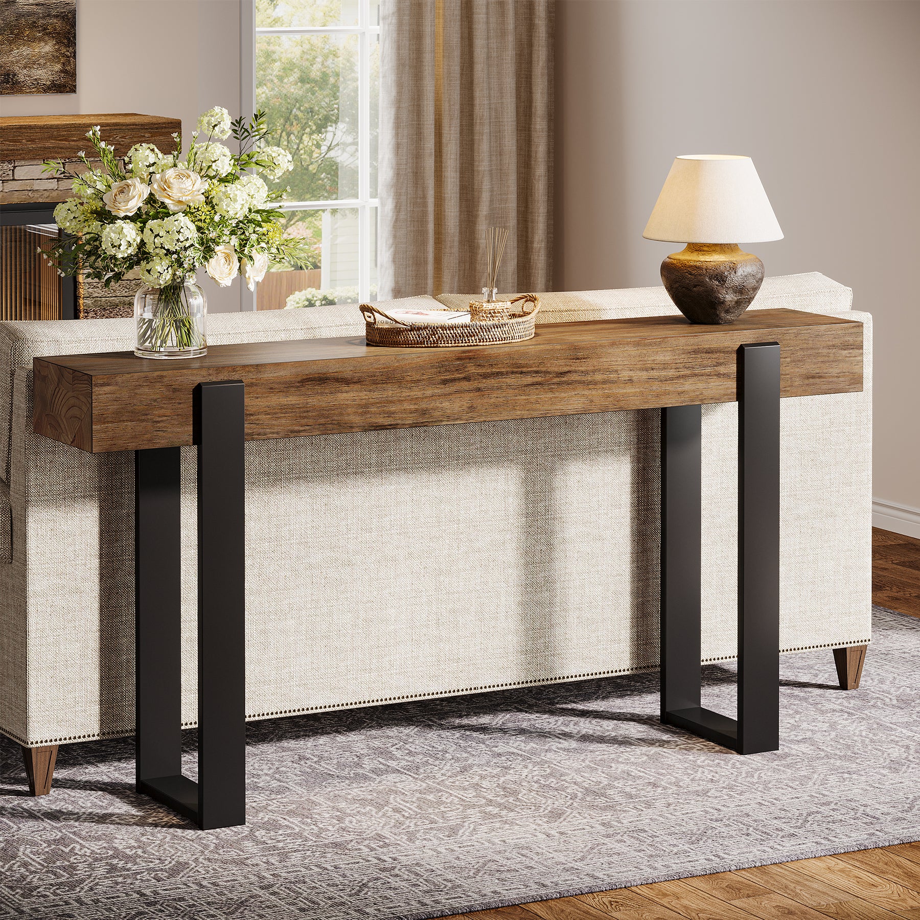 Tribesigns 63-Inch Solid Wood Sofa Table with Metal Support, Narrow Console Table for Behind Couch - Image 6