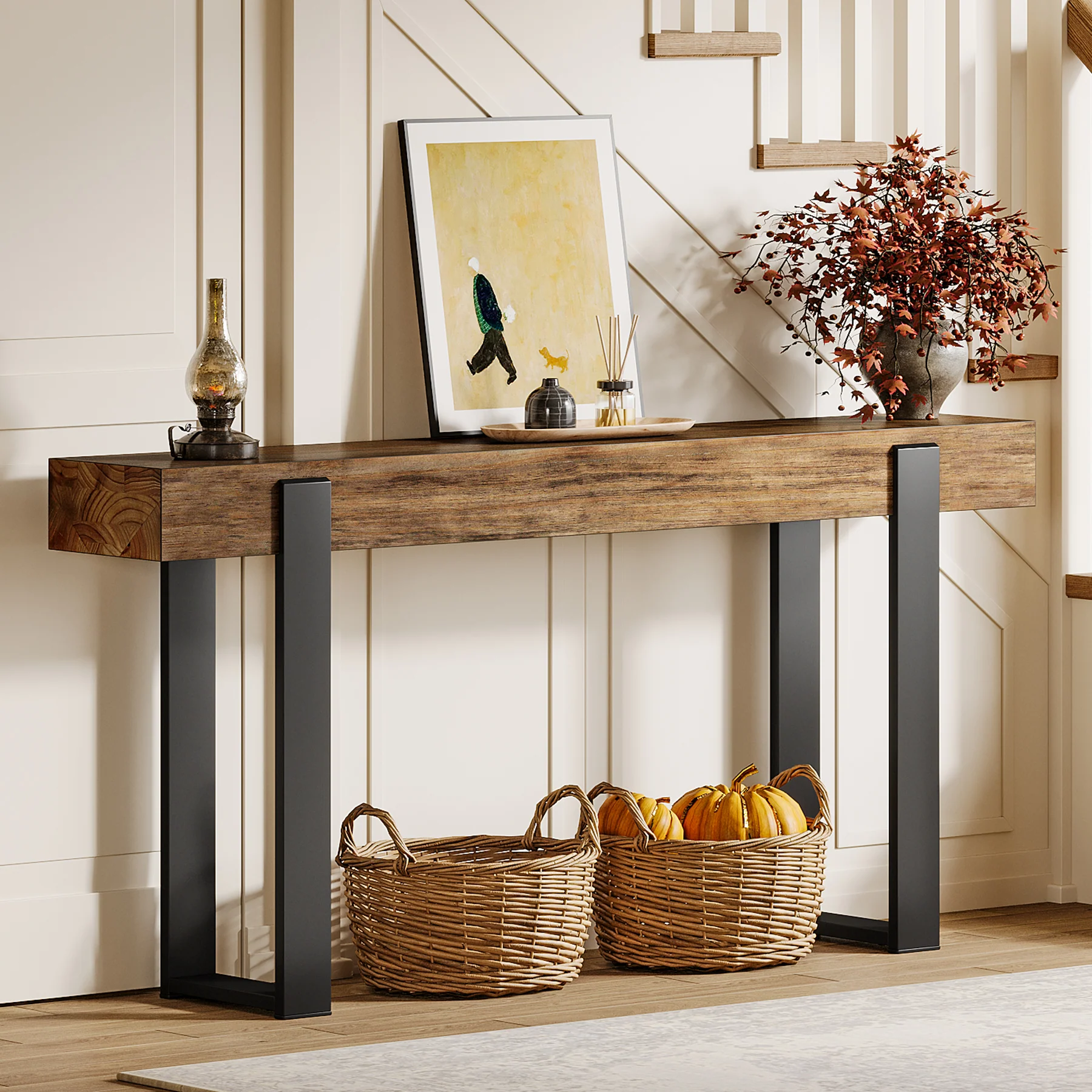 Tribesigns 63-Inch Solid Wood Sofa Table with Metal Support, Narrow Console Table for Behind Couch - Image 9
