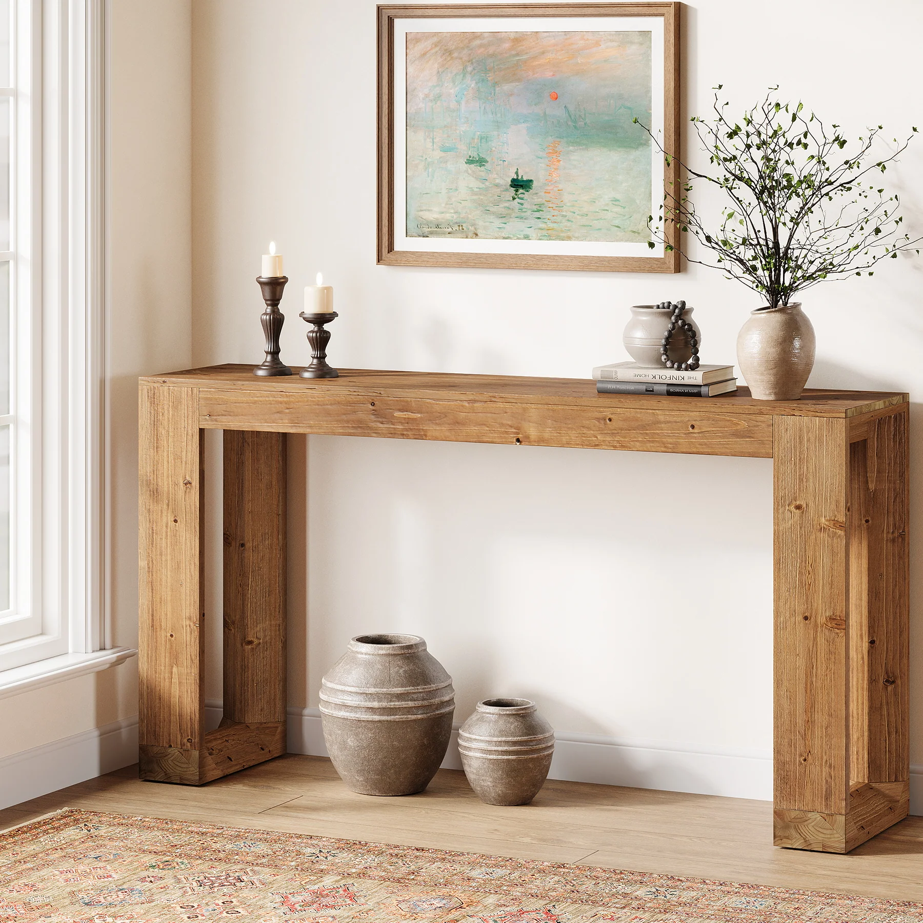 Tribesigns 63-Inch Farmhouse Console Table with Reinforced Base, Solid Wood Sofa Table for Entryway Study and Living Room