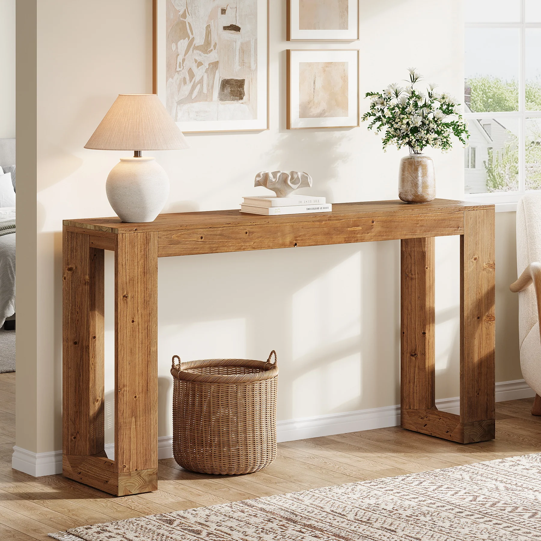 Tribesigns 63-Inch Farmhouse Console Table with Reinforced Base, Solid Wood Sofa Table for Entryway Study and Living Room - Image 5