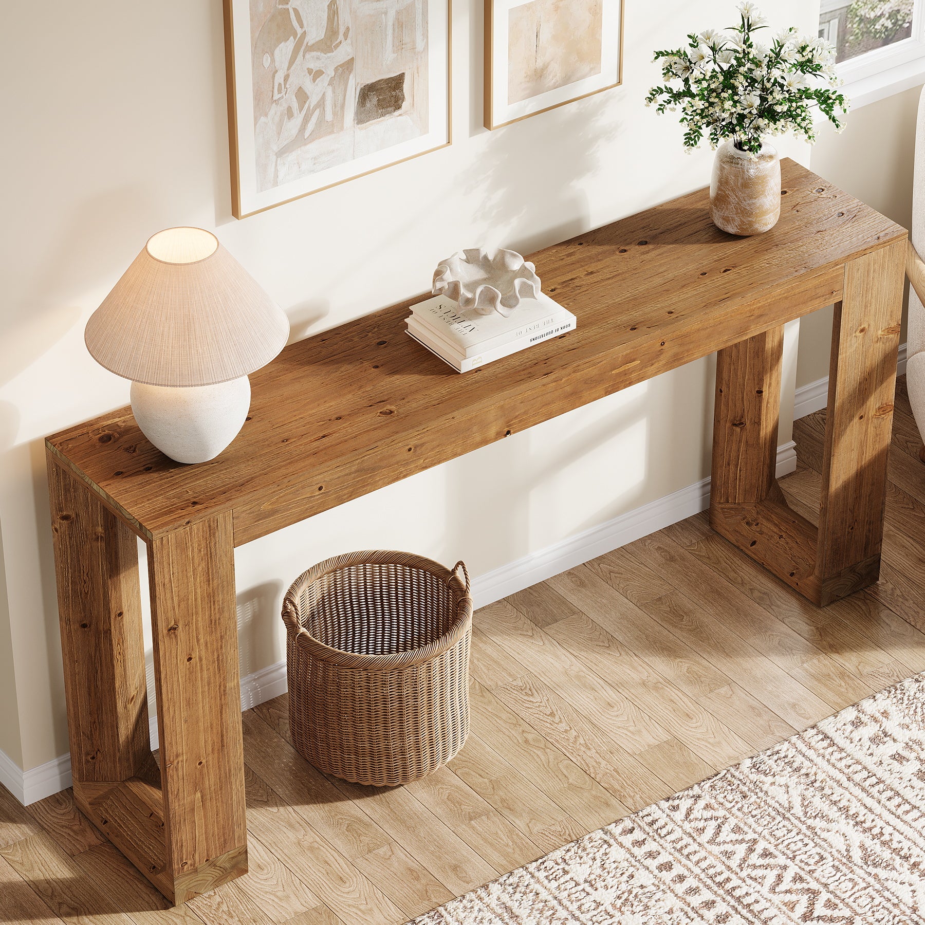 Tribesigns 63-Inch Farmhouse Console Table with Reinforced Base, Solid Wood Sofa Table for Entryway Study and Living Room - Image 8