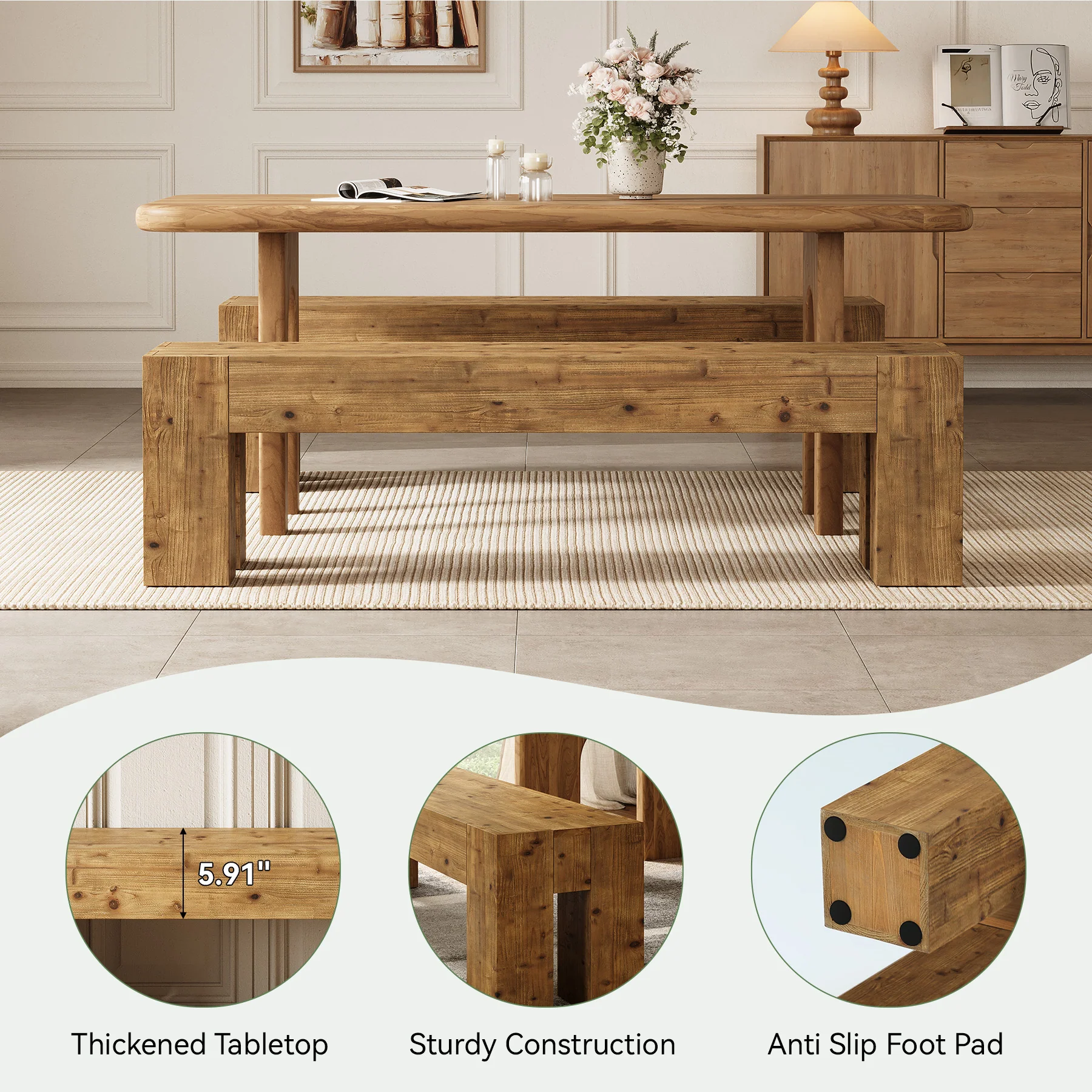 Tribesigns 63-Inch Solid Wood Dining Bench with Sturdy Frame, Farmhouse Kitchen Table Bench for Dining Room Kitchen and Entryway - Image 3