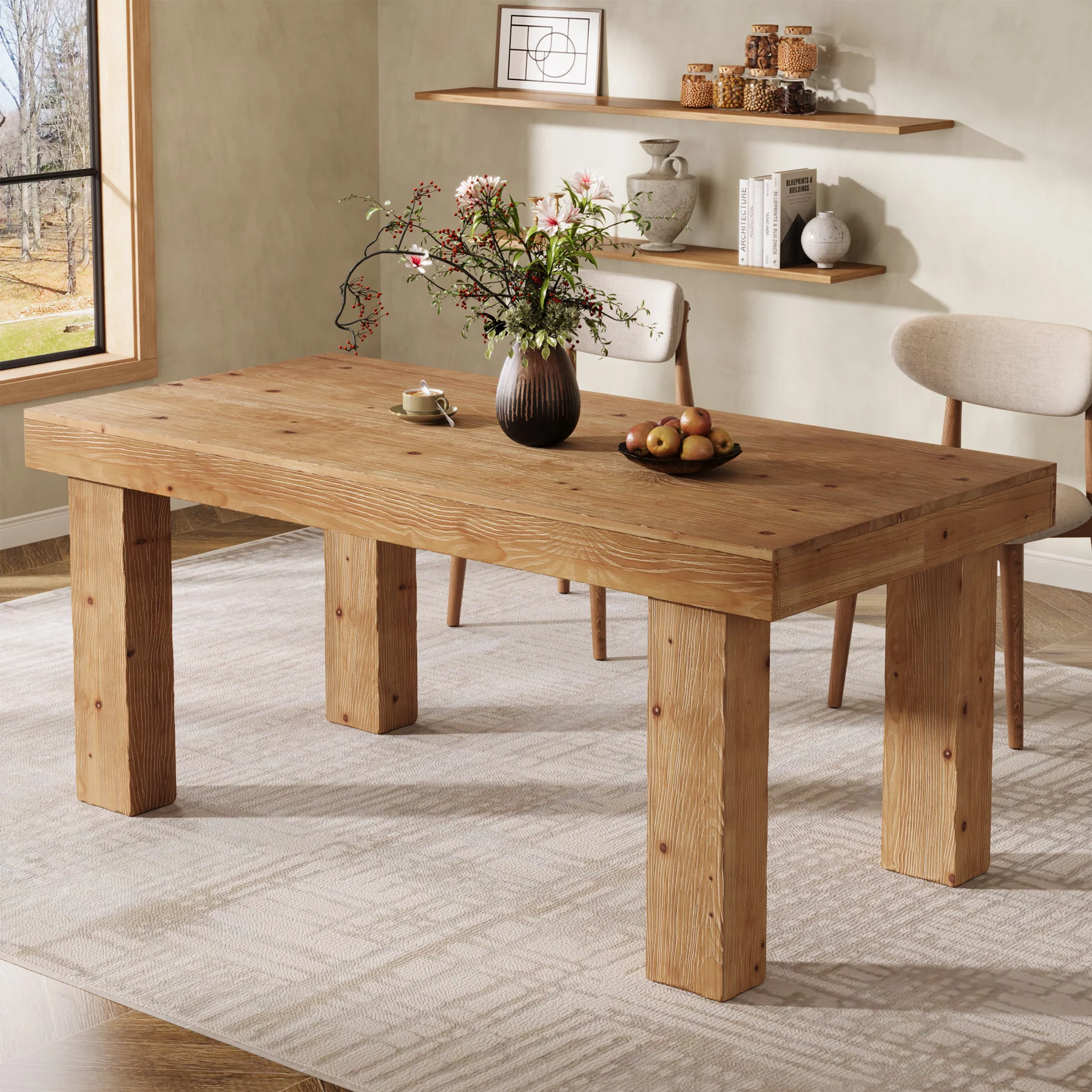 Tribesigns 63-Inch Solid Wood Kitchen Table for 4-6 People, Farmhouse Dining Table with Thick Tabletop