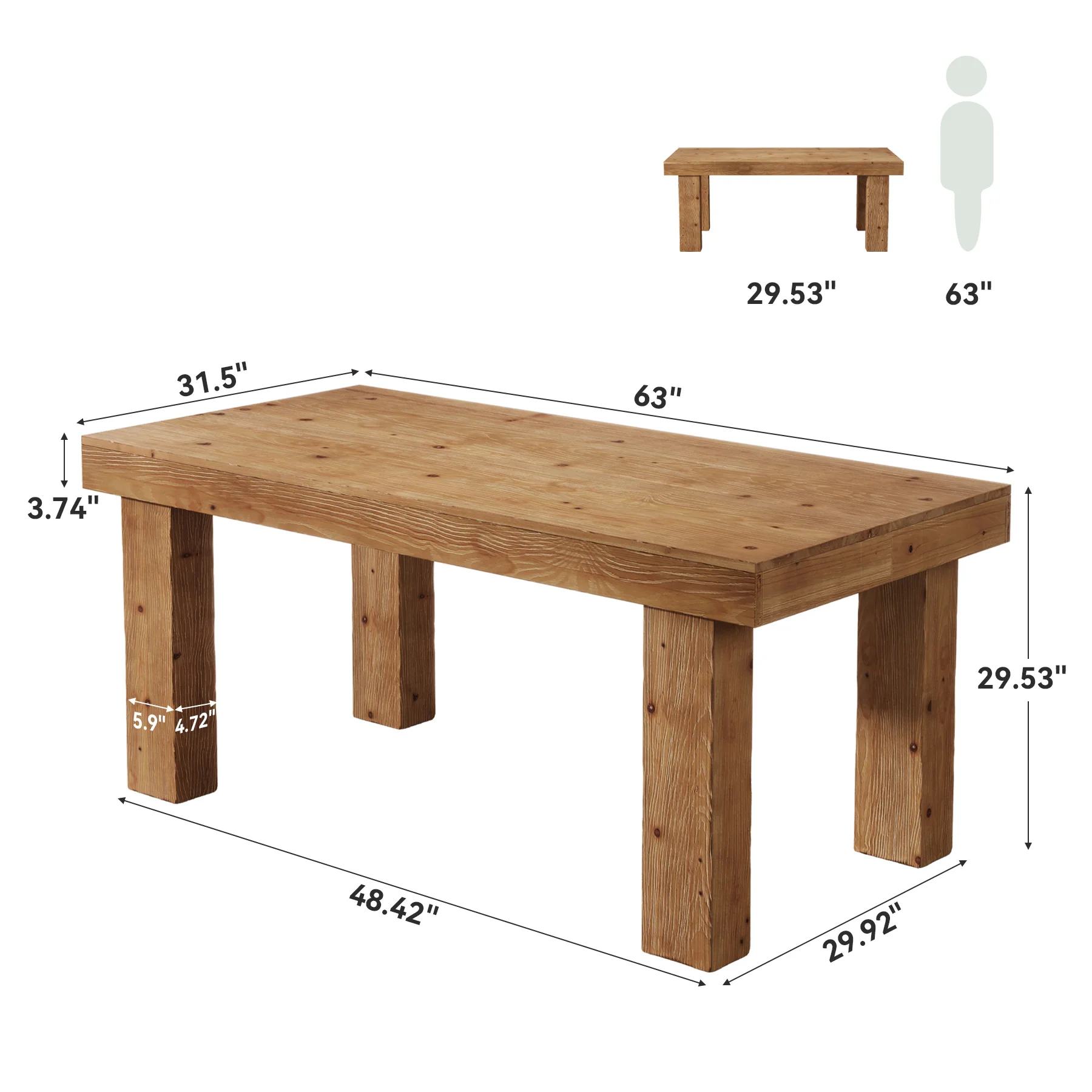 Tribesigns 63-Inch Solid Wood Kitchen Table for 4-6 People, Farmhouse Dining Table with Thick Tabletop - Image 2