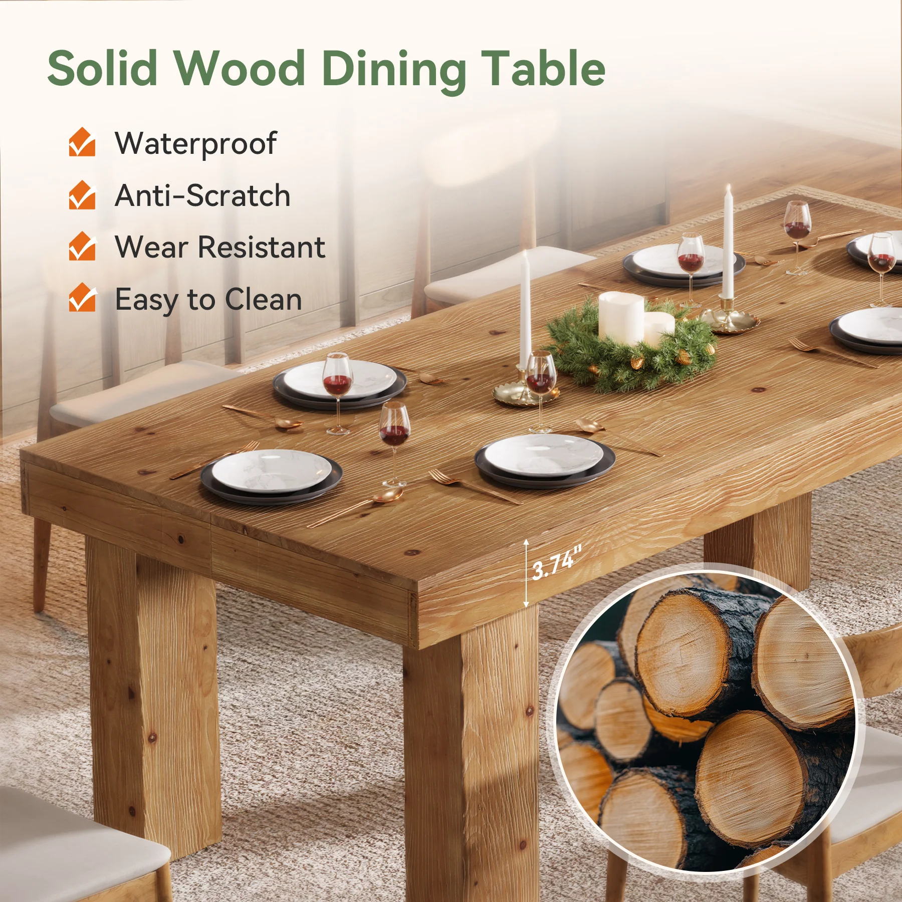 Tribesigns 63-Inch Solid Wood Kitchen Table for 4-6 People, Farmhouse Dining Table with Thick Tabletop - Image 3