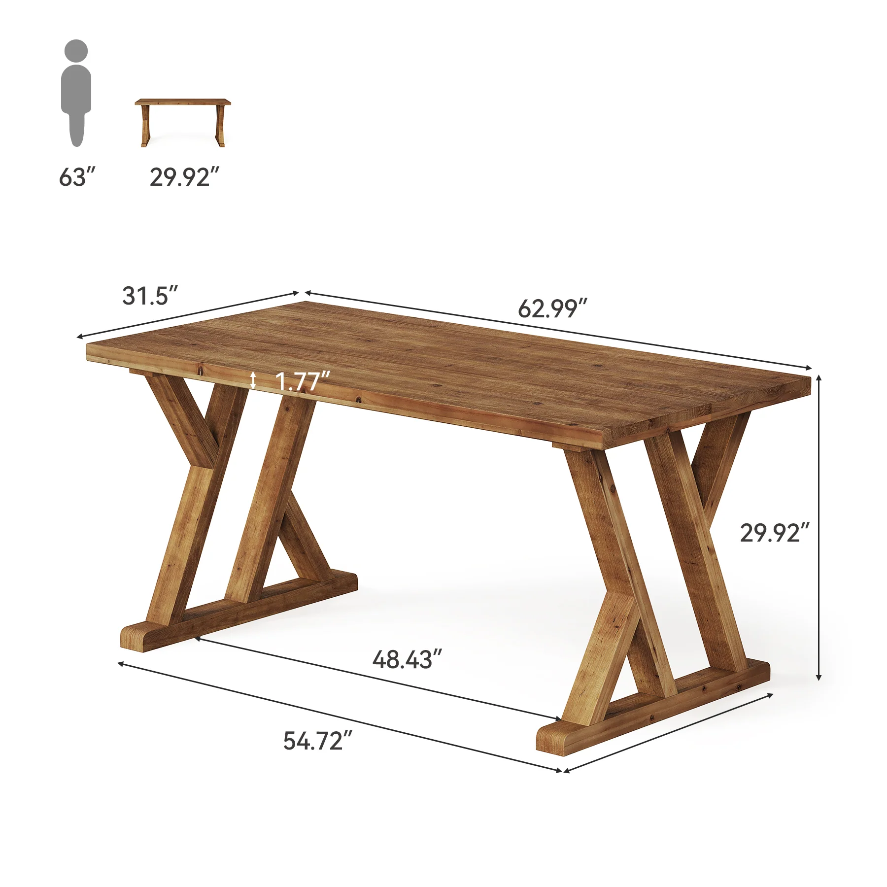 Tribesigns 63-Inch Solid Wood Dining Table with X-Shaped Legs, Rectangular Farmhouse Kitchen Table for 4-6 People Dining Room Rustic Brown - Image 2