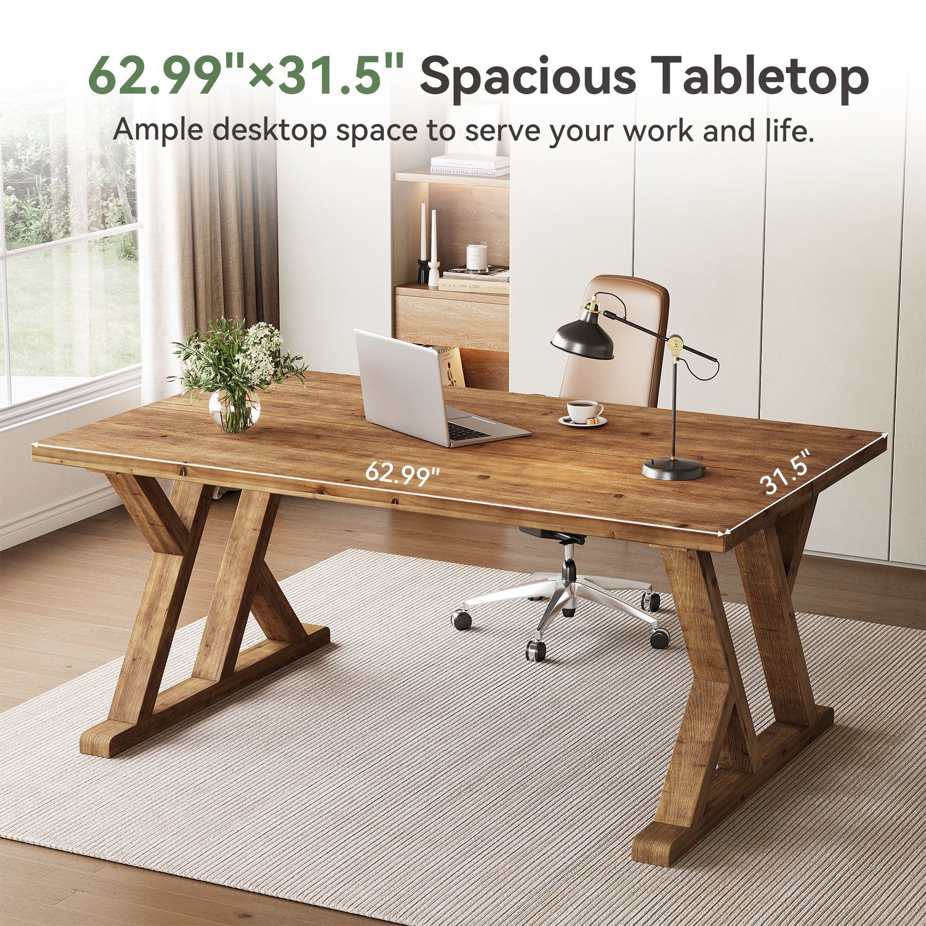 Tribesigns 63-Inch Solid Wood Executive Desk with X-Shaped Legs, Large Farmhouse Computer Desk for Home Office - Image 3