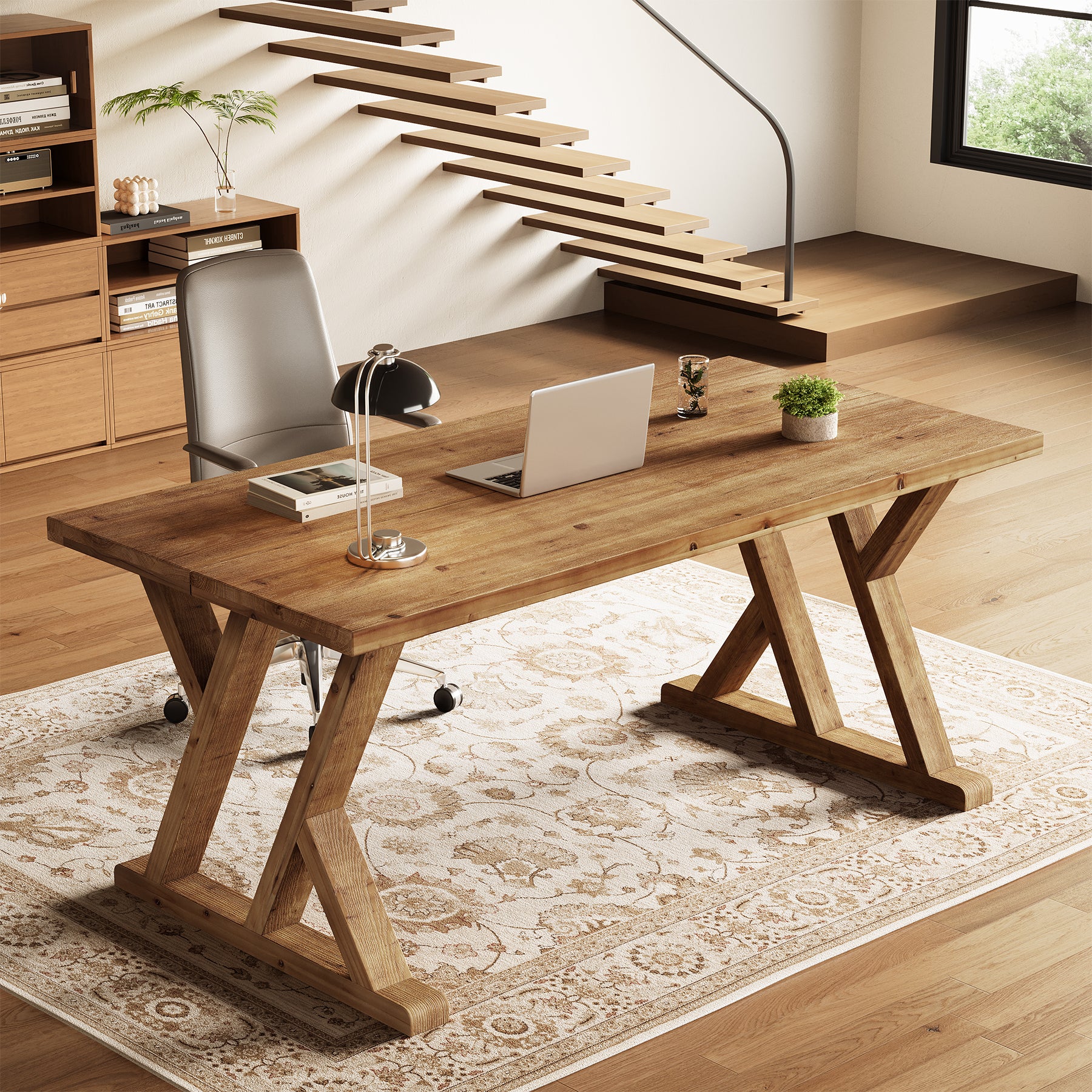 Tribesigns 63-Inch Solid Wood Executive Desk with X-Shaped Legs, Large Farmhouse Computer Desk for Home Office - Image 6