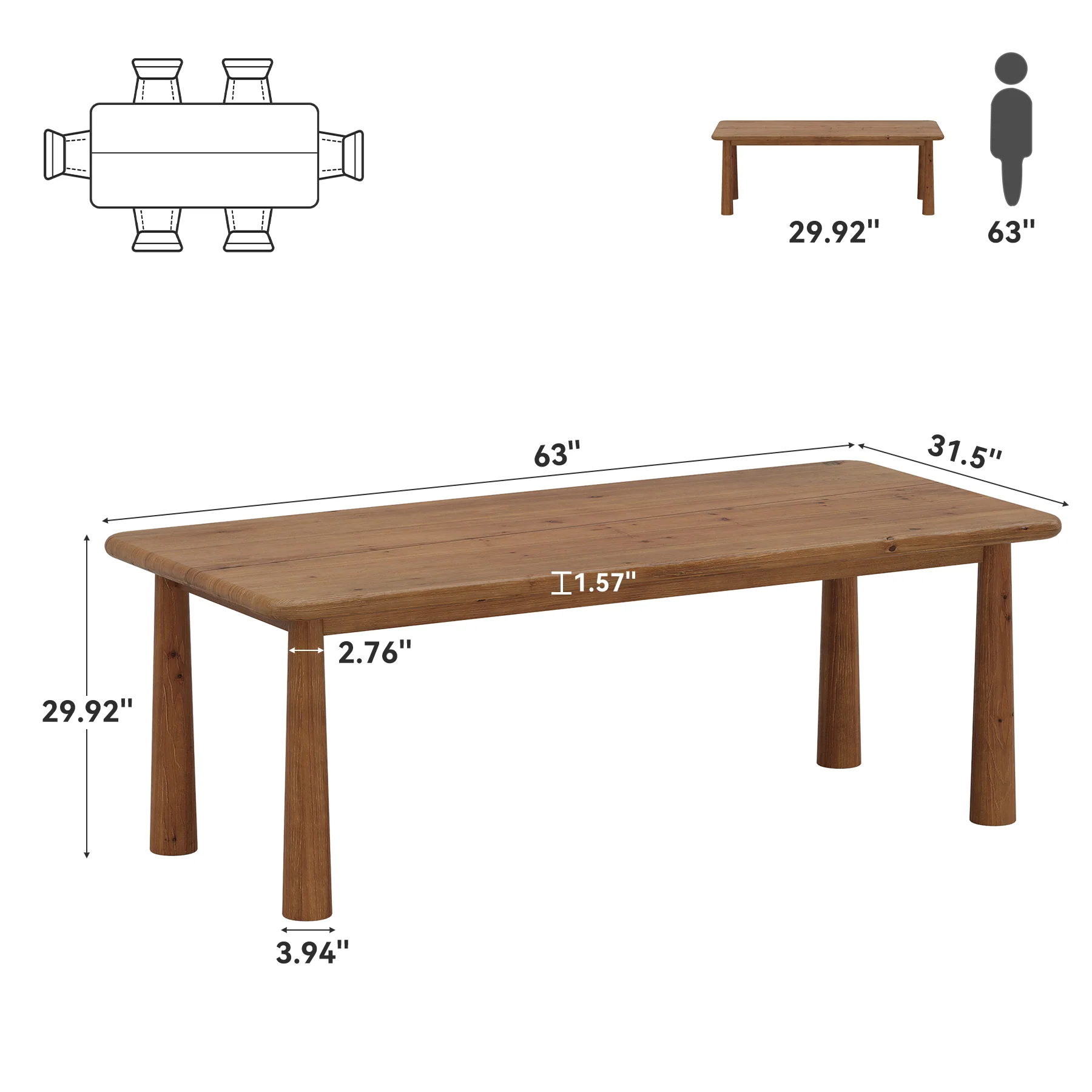 63-Inch Solid Wood Executive Desk with Heavy Duty Legs, Large Office Computer Desk for Home Office - Image 2