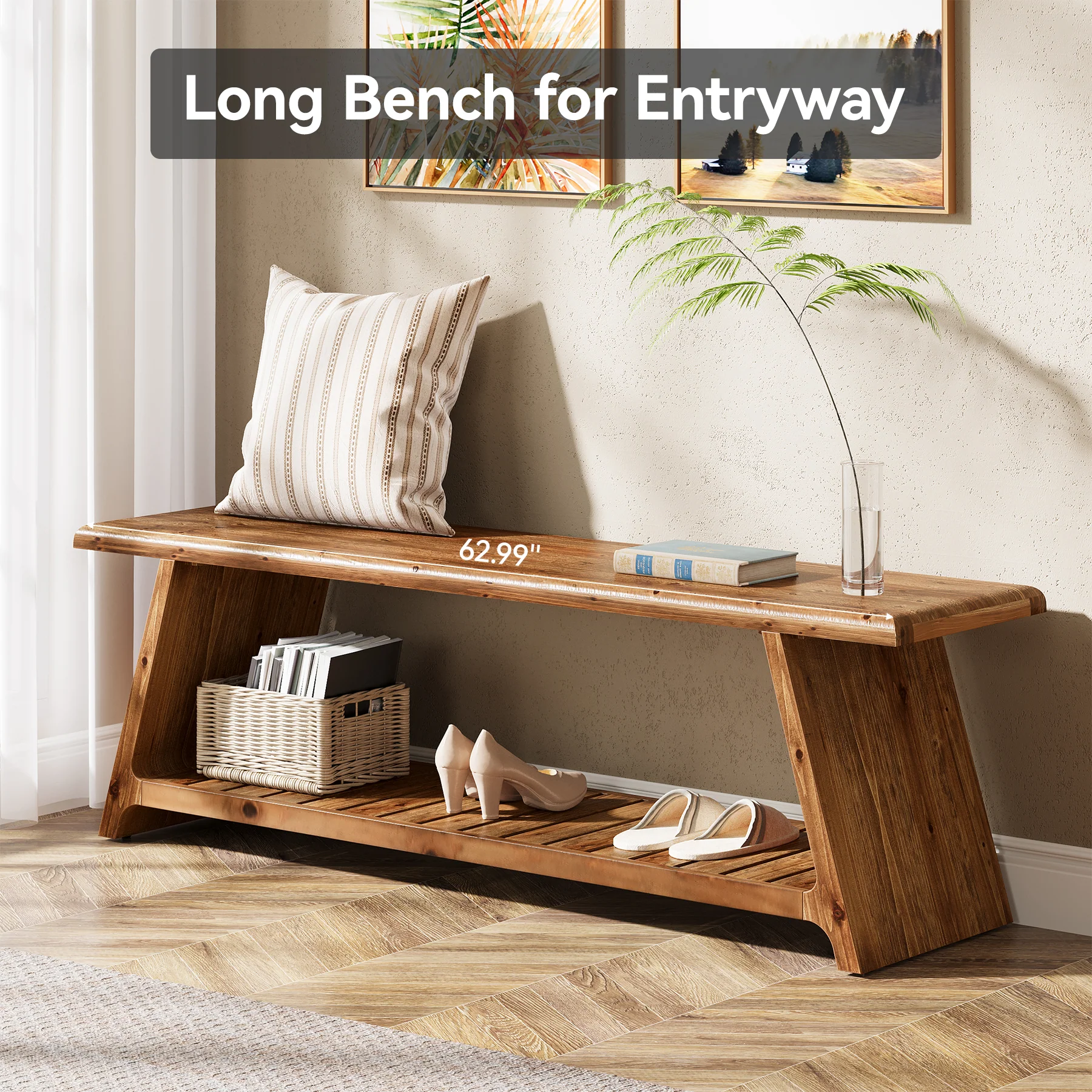 Tribesigns 63-Inch Solid Wood Entryway Bench with Lower Shoe Storage Shelf, Farmhouse End of Bed Bench for Hallway - Image 3