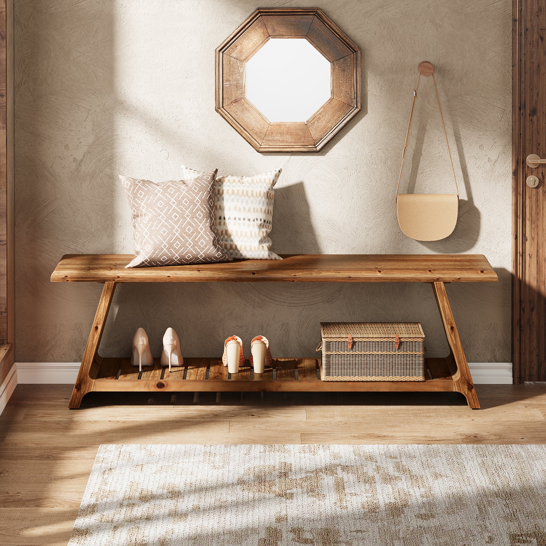Tribesigns 63-Inch Solid Wood Entryway Bench with Lower Shoe Storage Shelf, Farmhouse End of Bed Bench for Hallway - Image 6