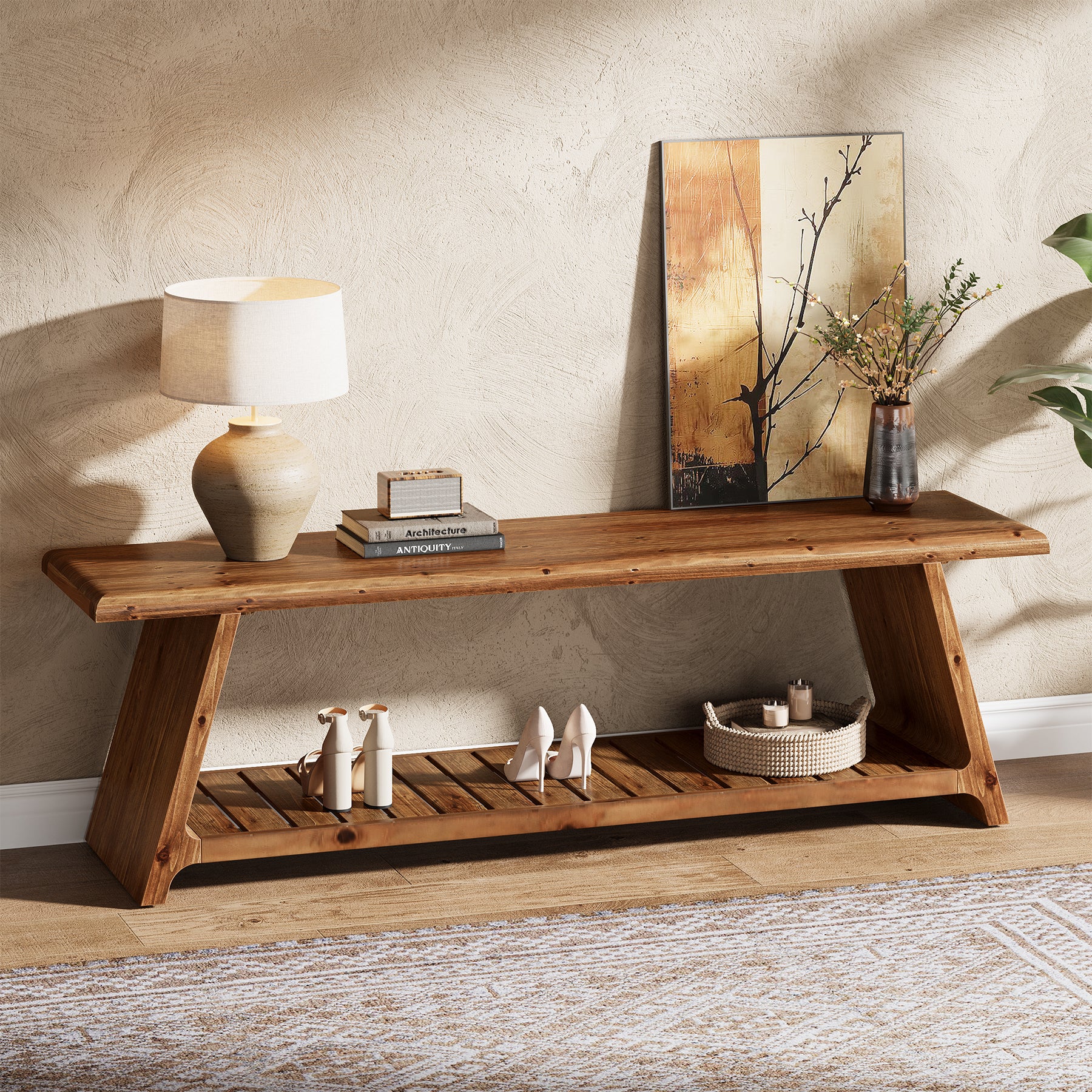 Tribesigns 63-Inch Solid Wood Entryway Bench with Lower Shoe Storage Shelf, Farmhouse End of Bed Bench for Hallway - Image 7