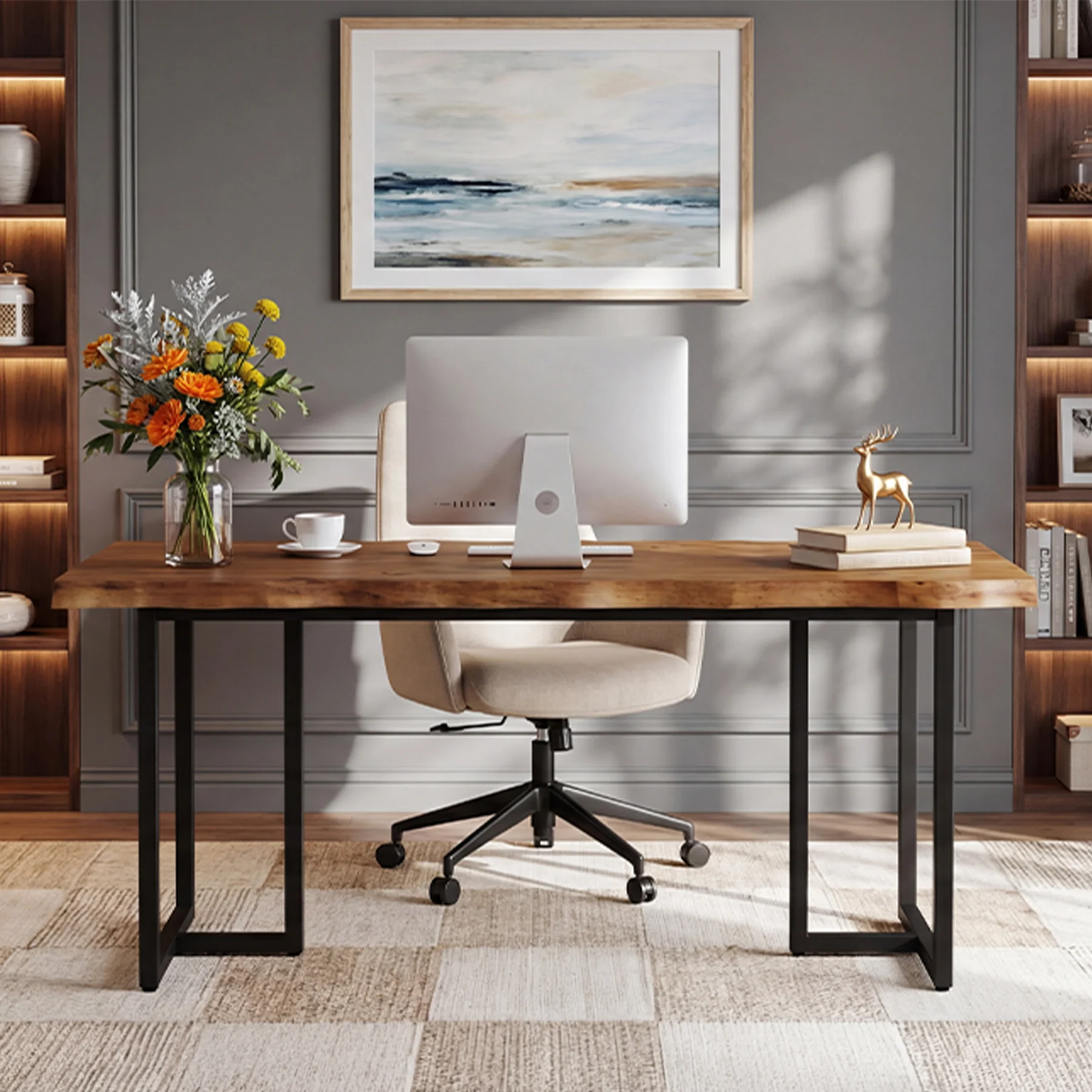 Tribesigns 63-Inch Solid Wood Home Office Desk with Live-Edge Inspired Top, Industrial Writing Desk with Metal Frame for Study and Work - Image 10