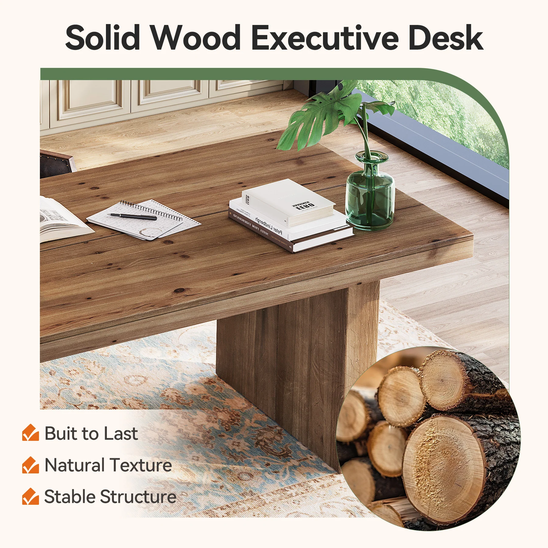 Tribesigns 63-Inch Solid Wood Executive Desk with Spacious Tabletop and Sturdy Wooden Legs, Farmhouse Computer Desk for Home Office Study and Workstation - Image 3