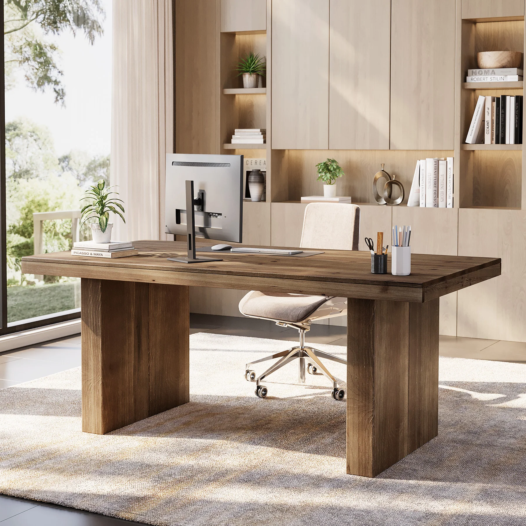 Tribesigns 63-Inch Solid Wood Executive Desk with Spacious Tabletop and Sturdy Wooden Legs, Farmhouse Computer Desk for Home Office Study and Workstation - Image 5
