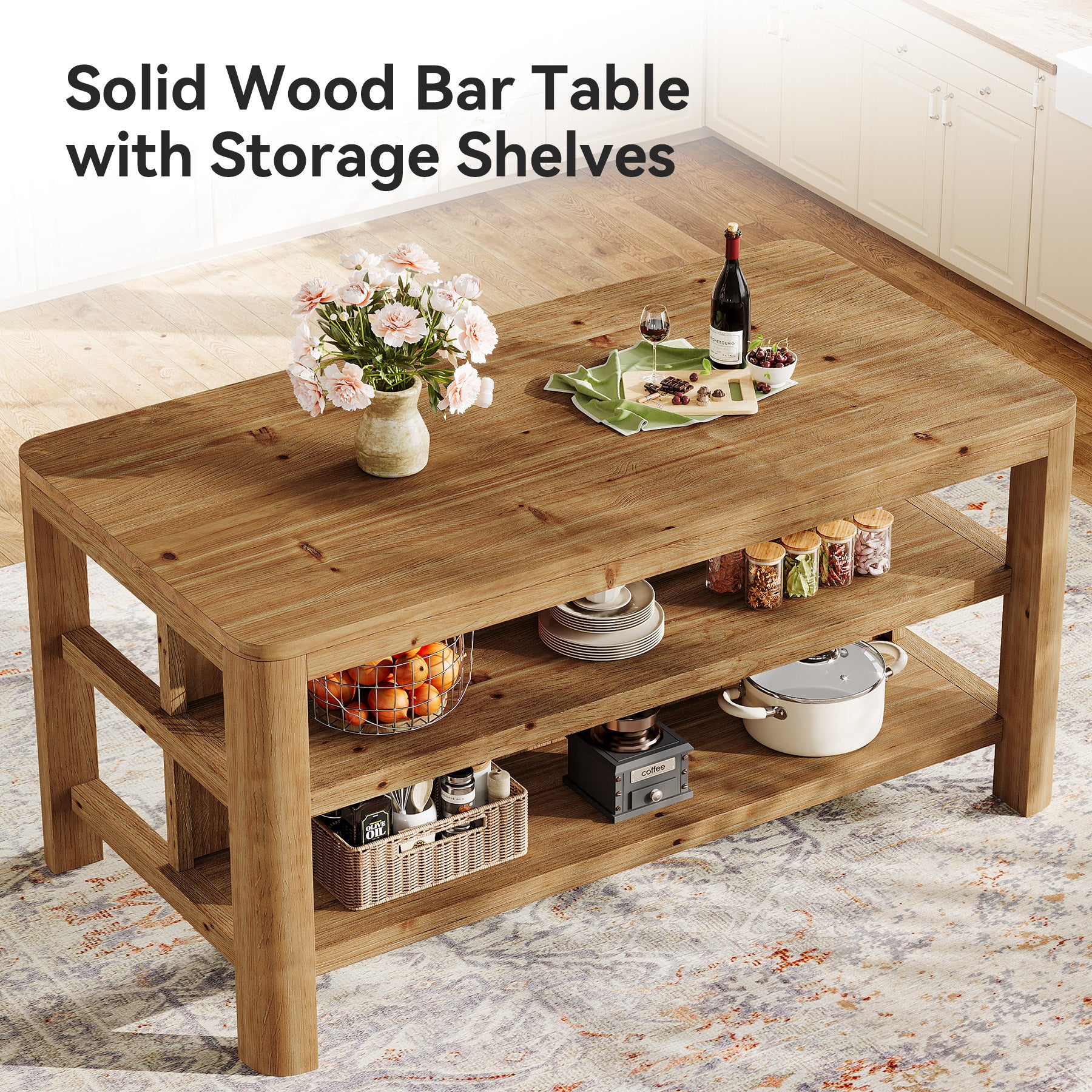 Tribesigns 63-Inch Farmhouse Kitchen Island, Solid Wood Island Table with Open Storage Shelves - Image 3