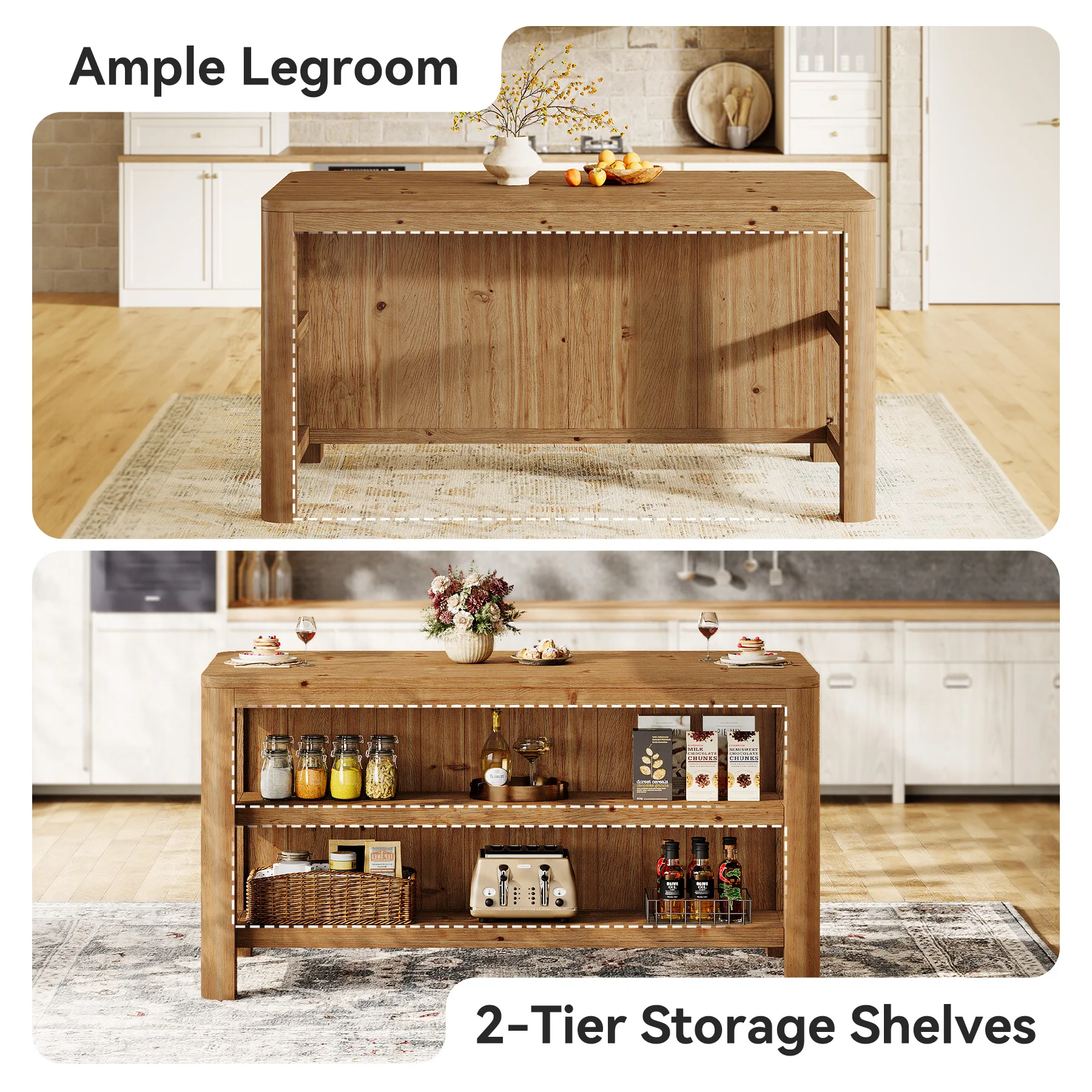 Tribesigns 63-Inch Farmhouse Kitchen Island, Solid Wood Island Table with Open Storage Shelves - Image 4