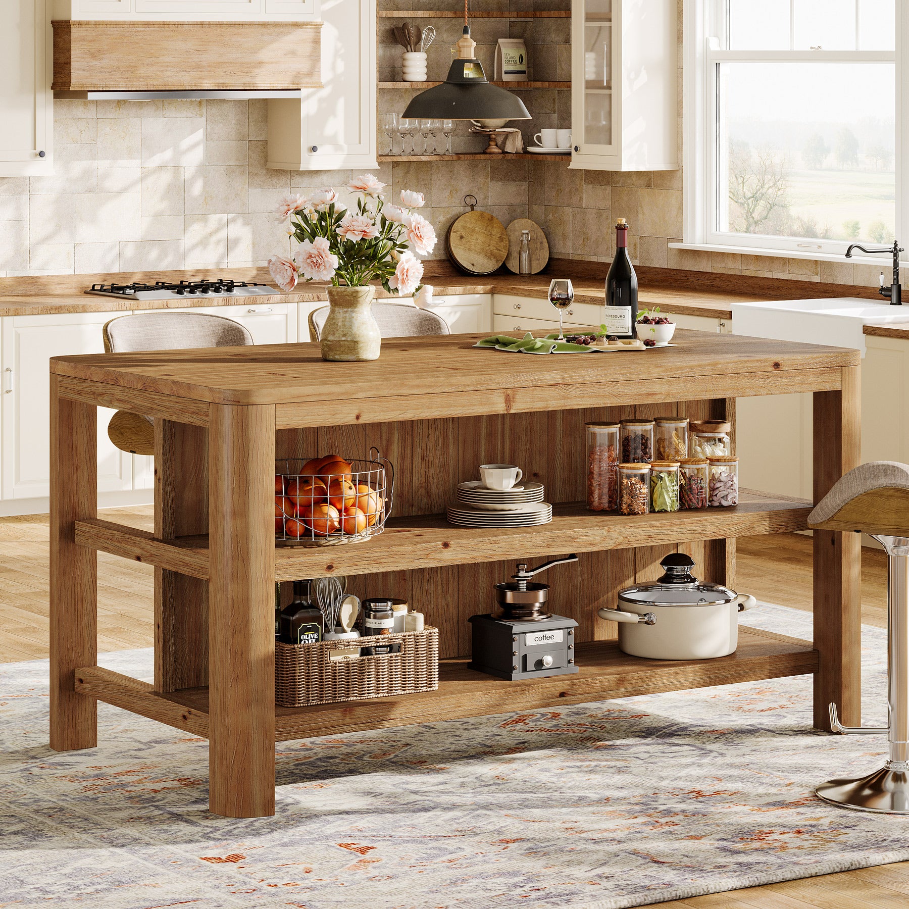 Tribesigns 63-Inch Farmhouse Kitchen Island, Solid Wood Island Table with Open Storage Shelves - Image 5