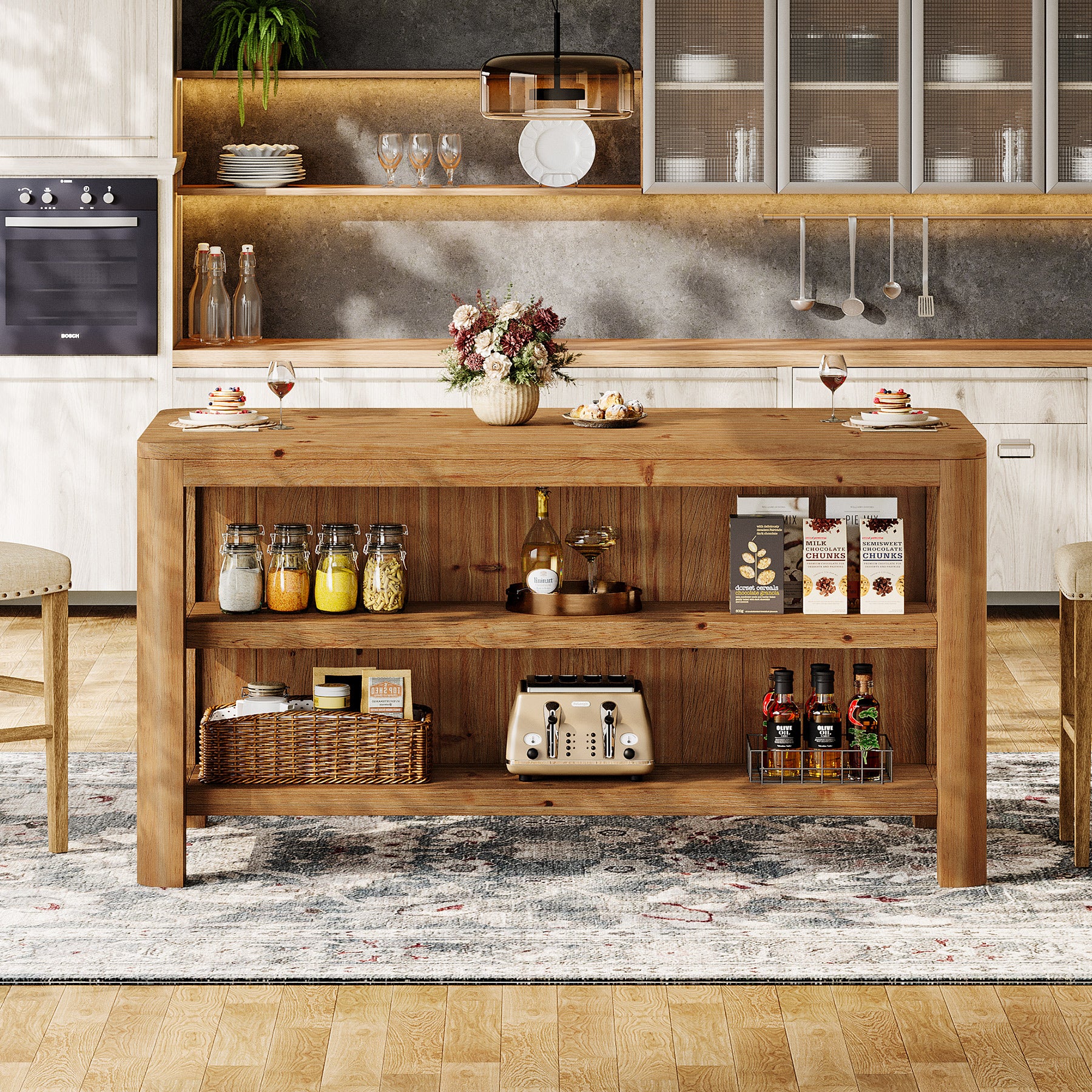 Tribesigns 63-Inch Farmhouse Kitchen Island, Solid Wood Island Table with Open Storage Shelves - Image 6