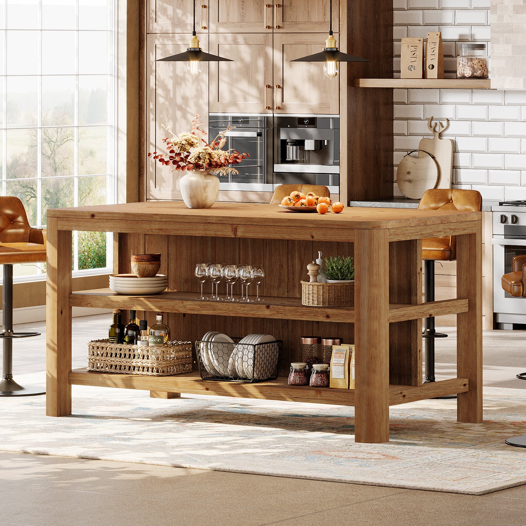 Tribesigns 63-Inch Farmhouse Kitchen Island, Solid Wood Island Table with Open Storage Shelves - Image 7