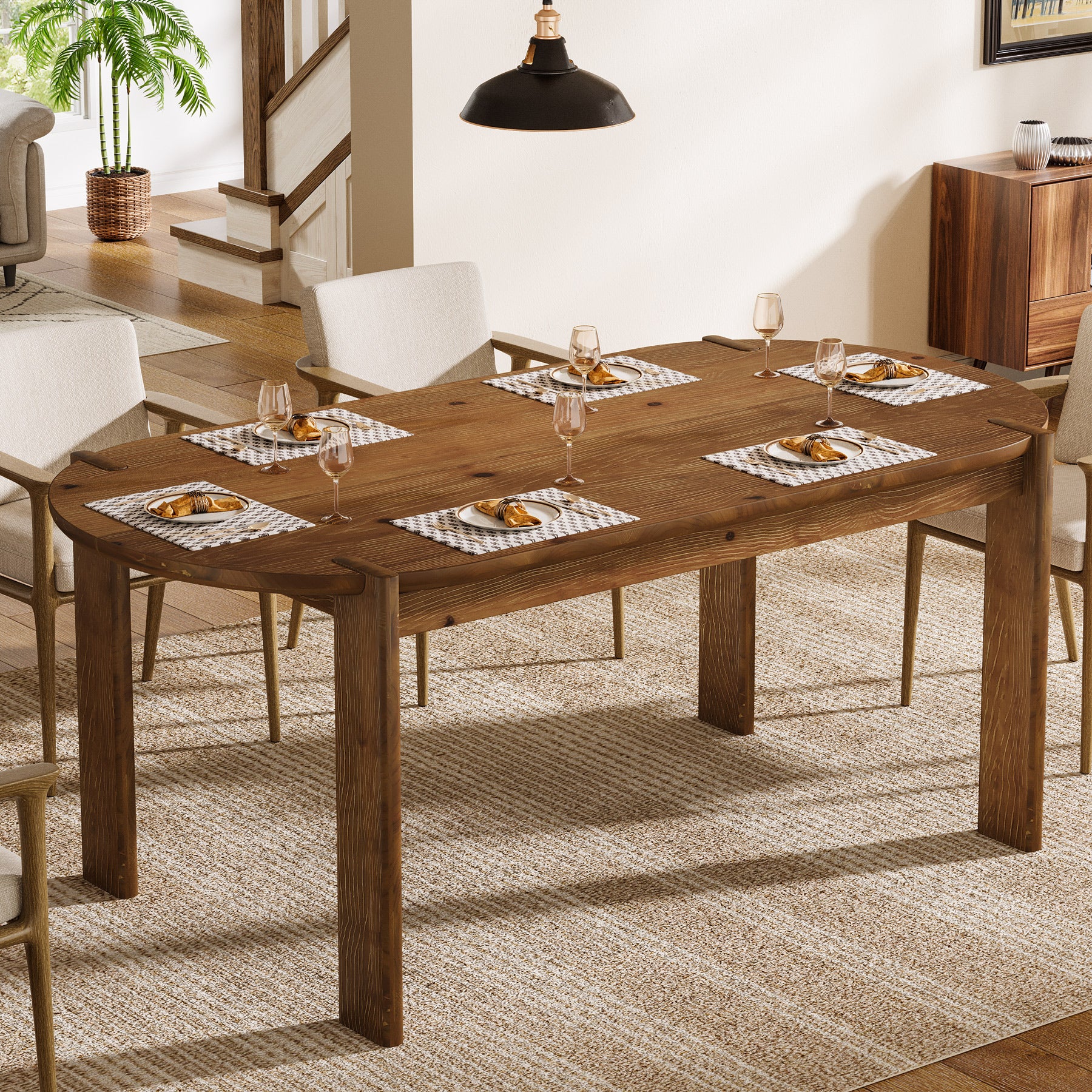 Tribesigns 63-Inch Solid Wood Oval Dining Table, Farmhouse Dinner Table with Sturdy Base for 4-6