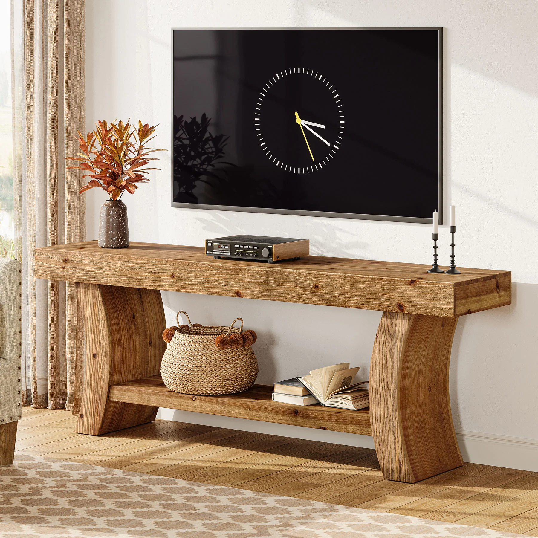 Tribesigns 63-Inch Solid Wood TV Stand with Curved Legs and 2-Tier Storage, Farmhouse Entertainment Center for Living Room and Bedroom - Image 6
