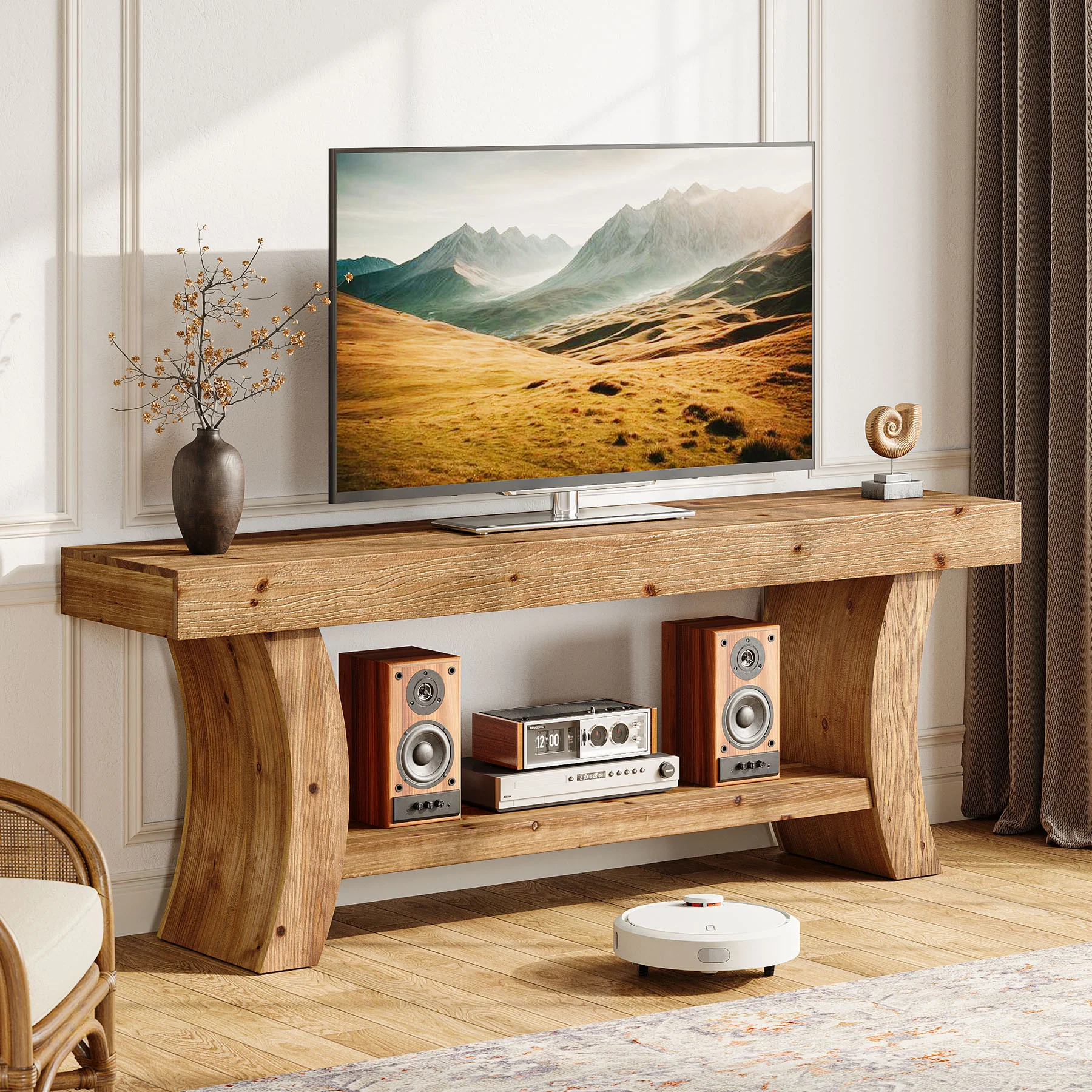 Tribesigns 63-Inch Solid Wood TV Stand with Curved Legs and 2-Tier Storage, Farmhouse Entertainment Center for Living Room and Bedroom - Image 8
