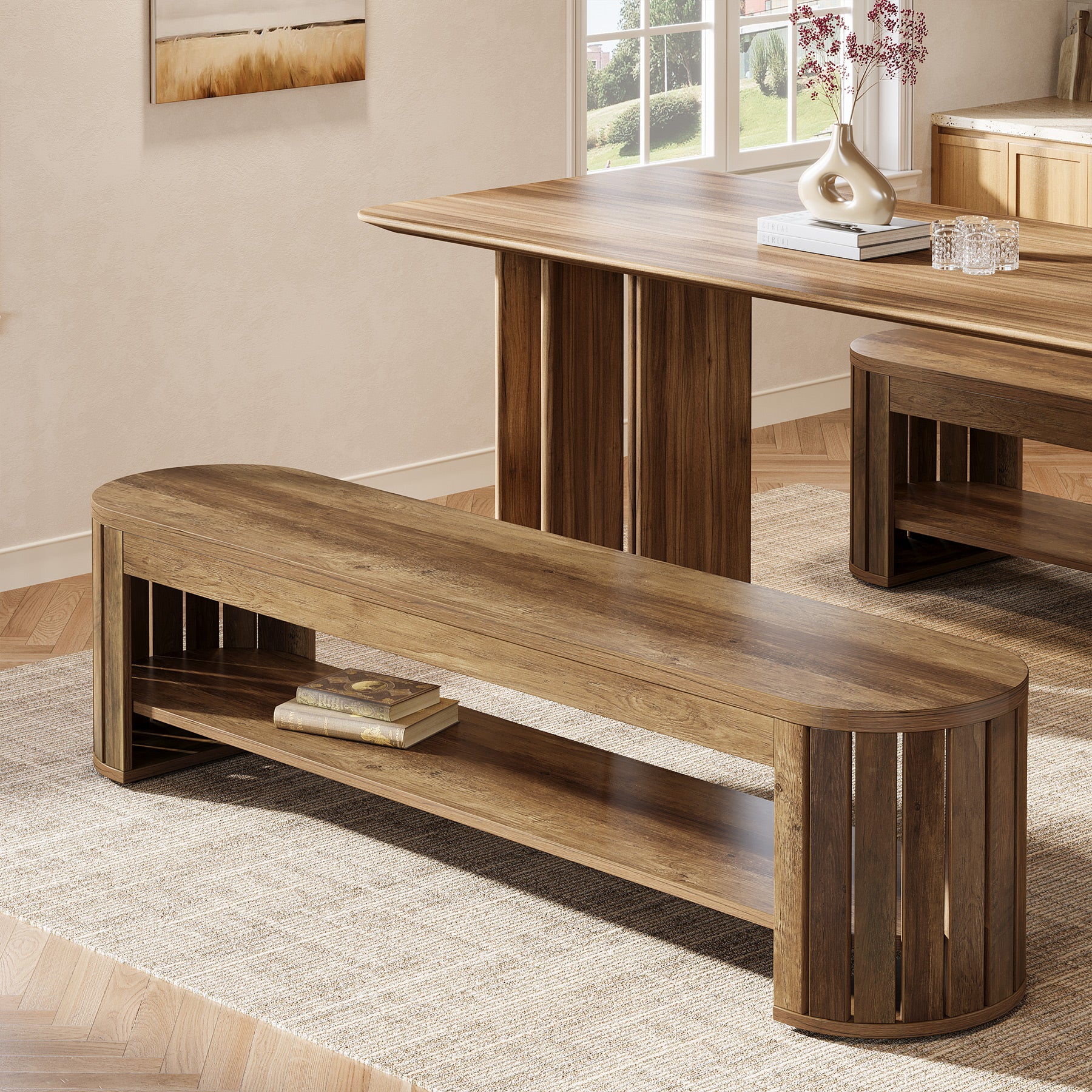 63-Inch Wooden Dining Bench with Arc Slat Legs, Farmhouse Bench for Dining Room