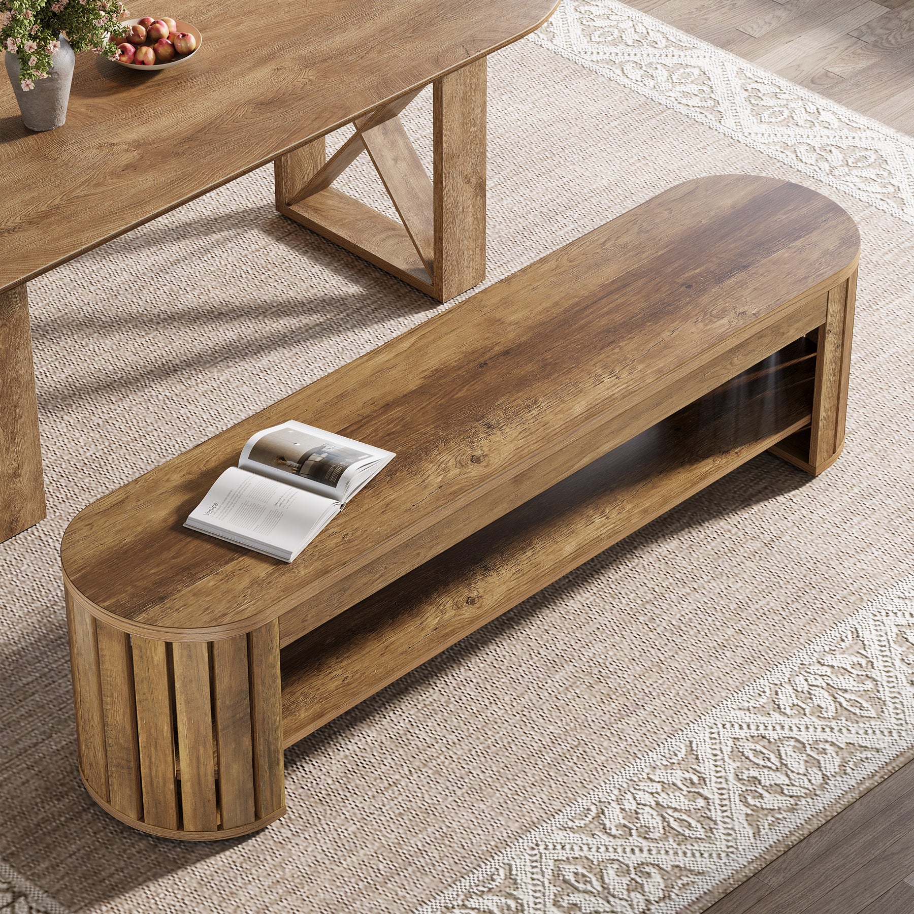 63-Inch Wooden Dining Bench with Arc Slat Legs, Farmhouse Bench for Dining Room - Image 4
