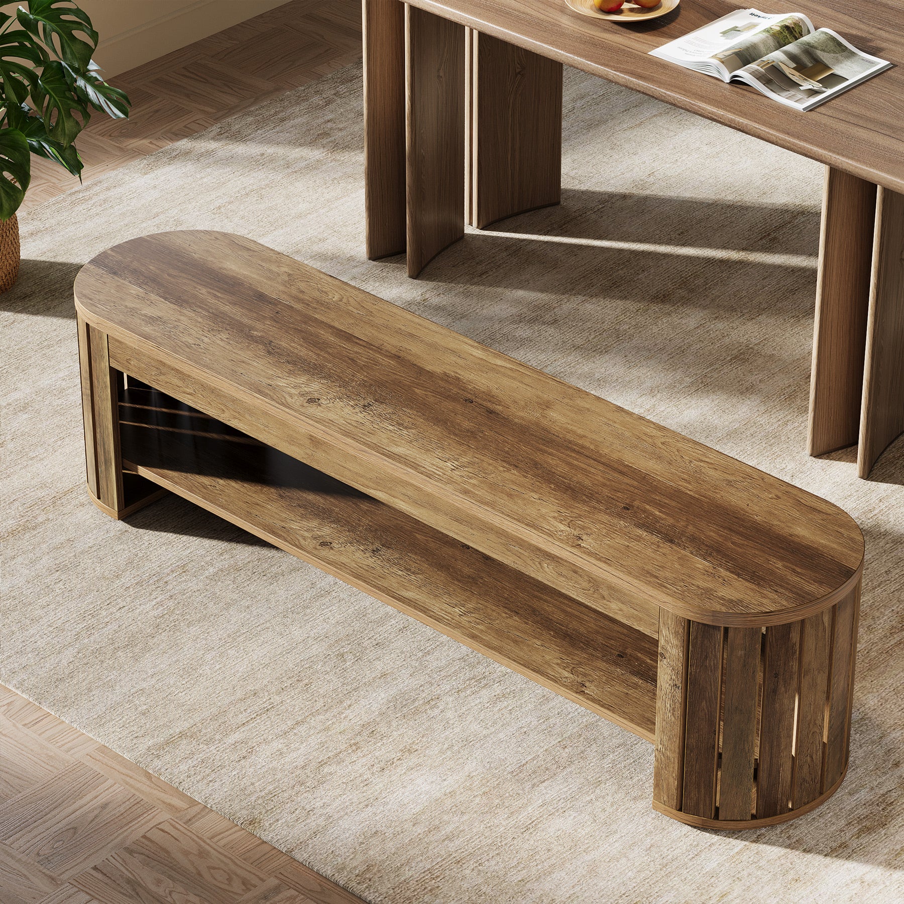 63-Inch Wooden Dining Bench with Arc Slat Legs, Farmhouse Bench for Dining Room - Image 5