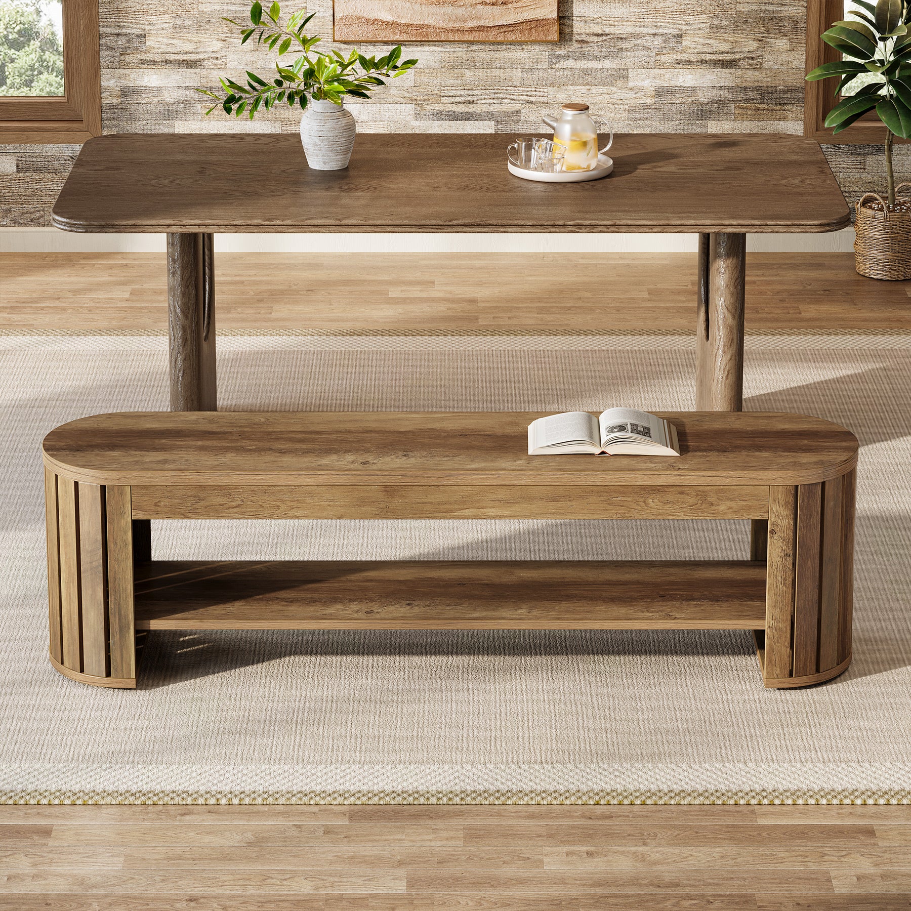 63-Inch Wooden Dining Bench with Arc Slat Legs, Farmhouse Bench for Dining Room - Image 6
