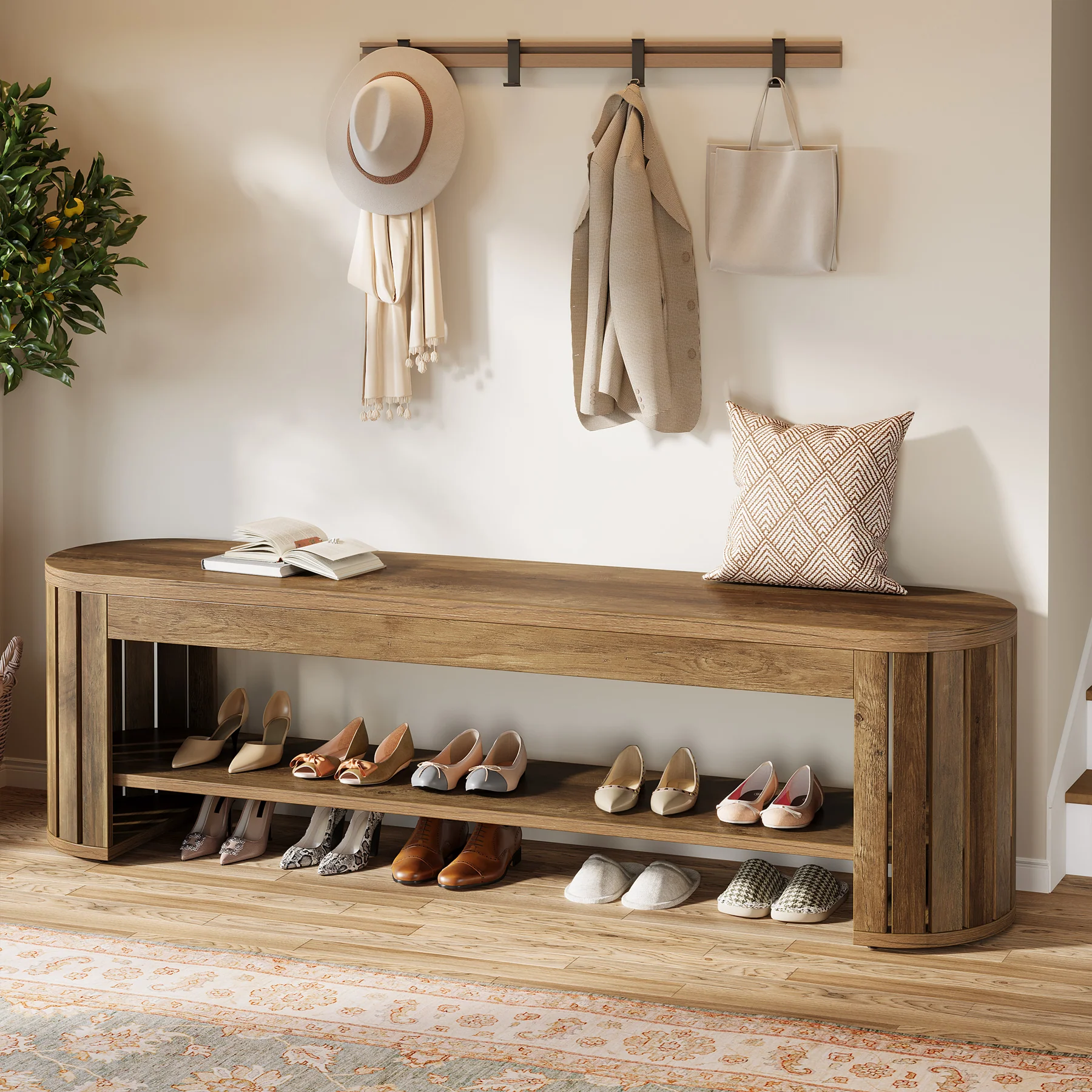 Tribesigns 63-Inch Wooden Shoe Bench with 2-Tier Storage, Narrow Entryway Bench for Entrance and Hallway - Image 4