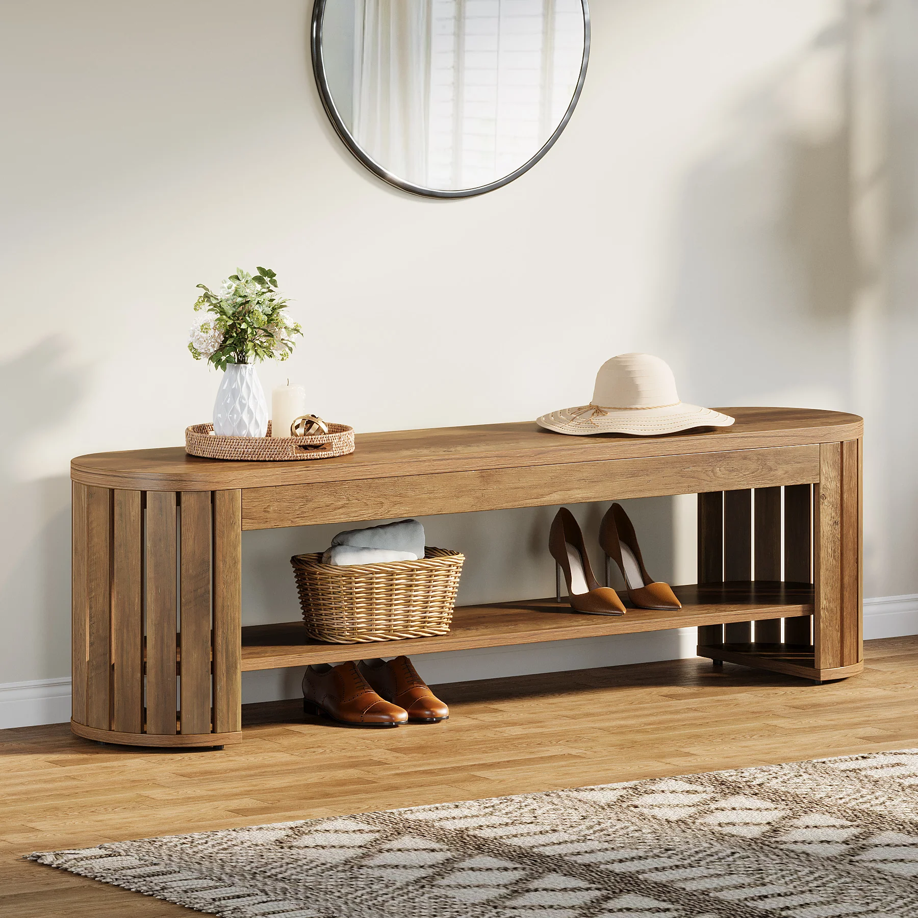 Tribesigns 63-Inch Wooden Shoe Bench with 2-Tier Storage, Narrow Entryway Bench for Entrance and Hallway - Image 7