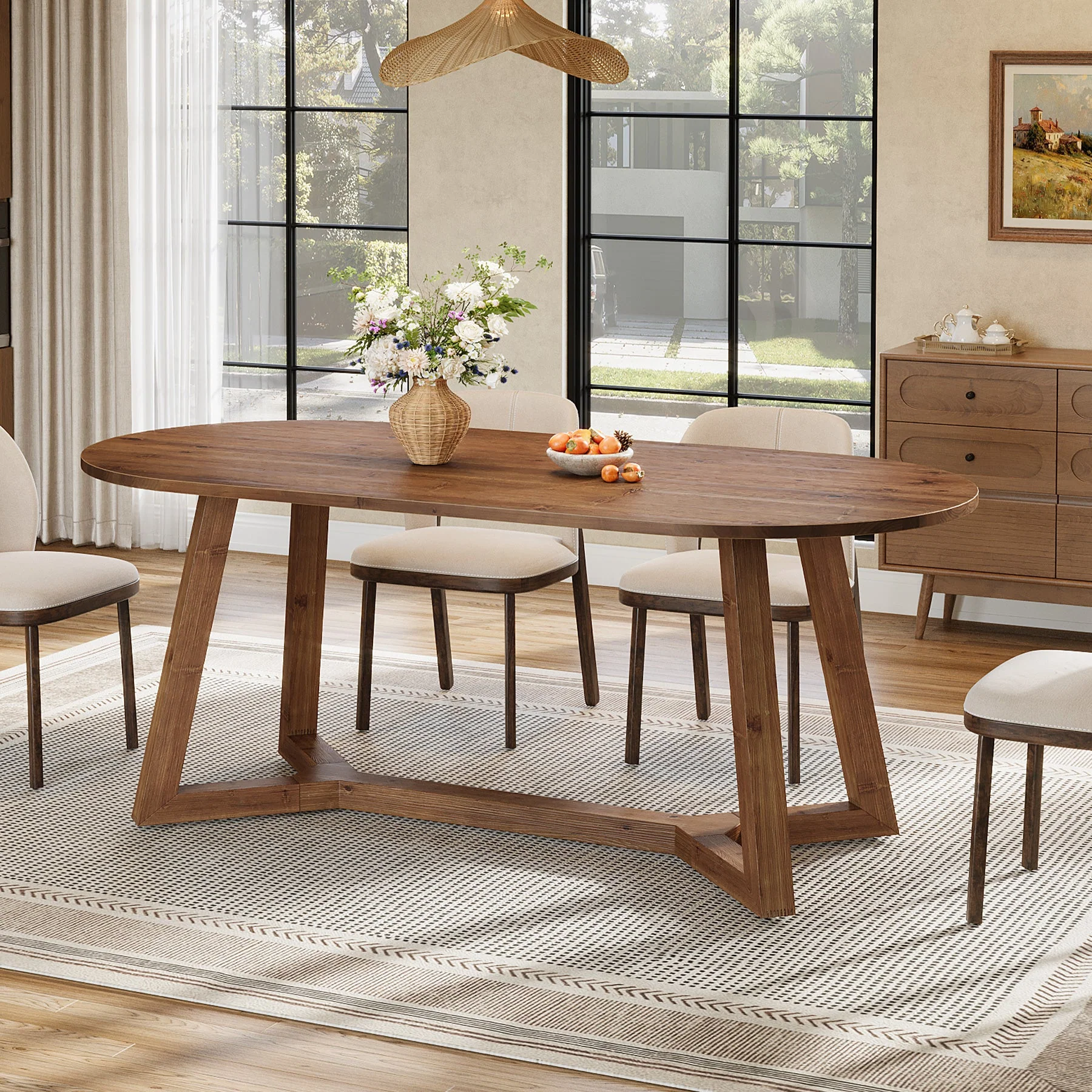 63" Oval Solid Wood Dining Table for 4-6, Farmhouse Kitchen Table with Sturdy Tapered Legs - Image 4