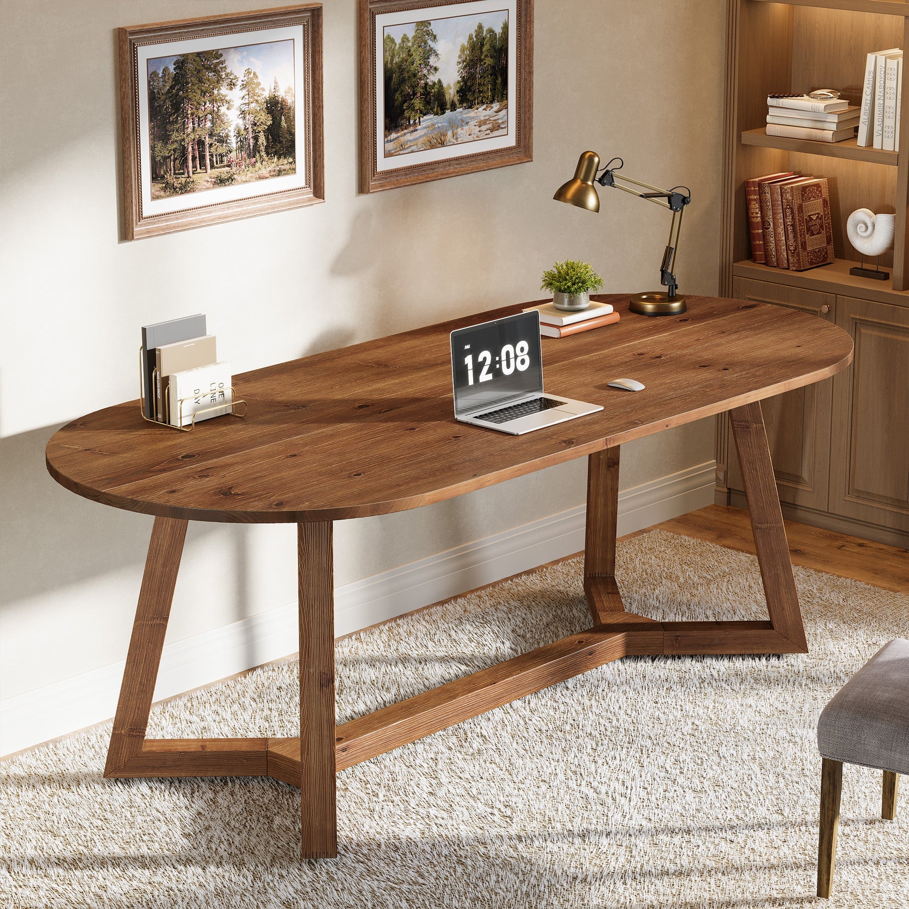 63" Solid Wood Office Desk, Oval Executive Desk with Tapered Legs - Image 4